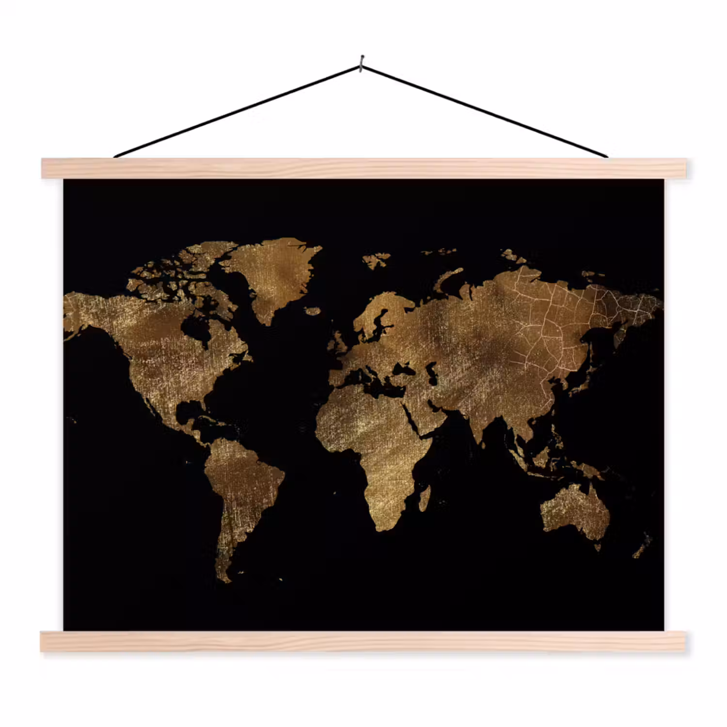 Wereldkaart - Goud - Luxe - Aarde - Zwart textielposter latten blank klein -3d