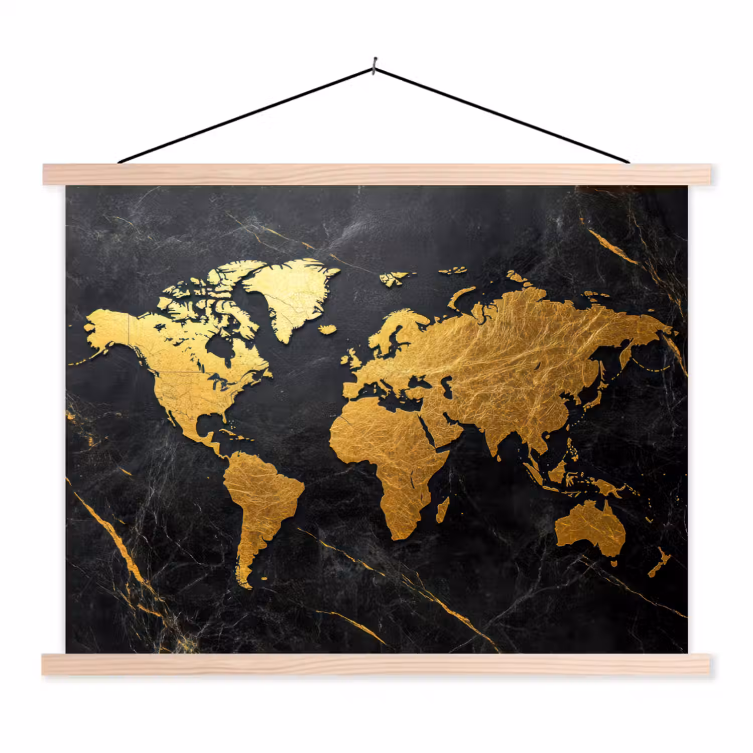 Wereldkaart - Goud - Marmer textielposter latten blank klein -3d