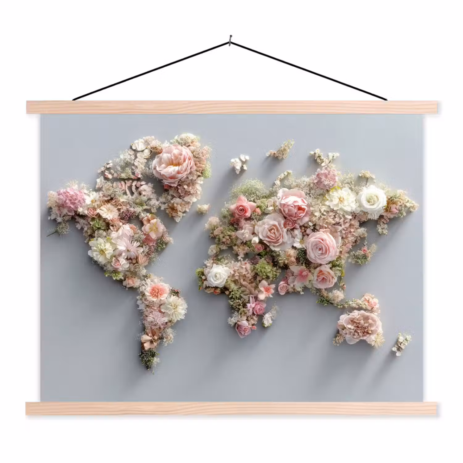 Wereldkaart - Rozen - Roze textielposter latten blank klein -3d