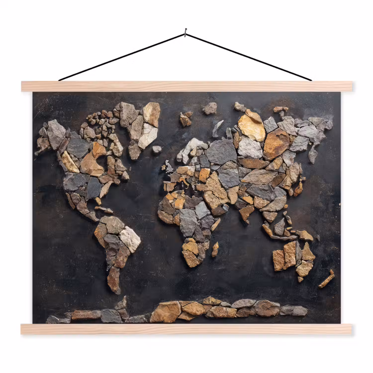 Wereldkaart - Stenen - Realistisch textielposter latten blank klein -3d