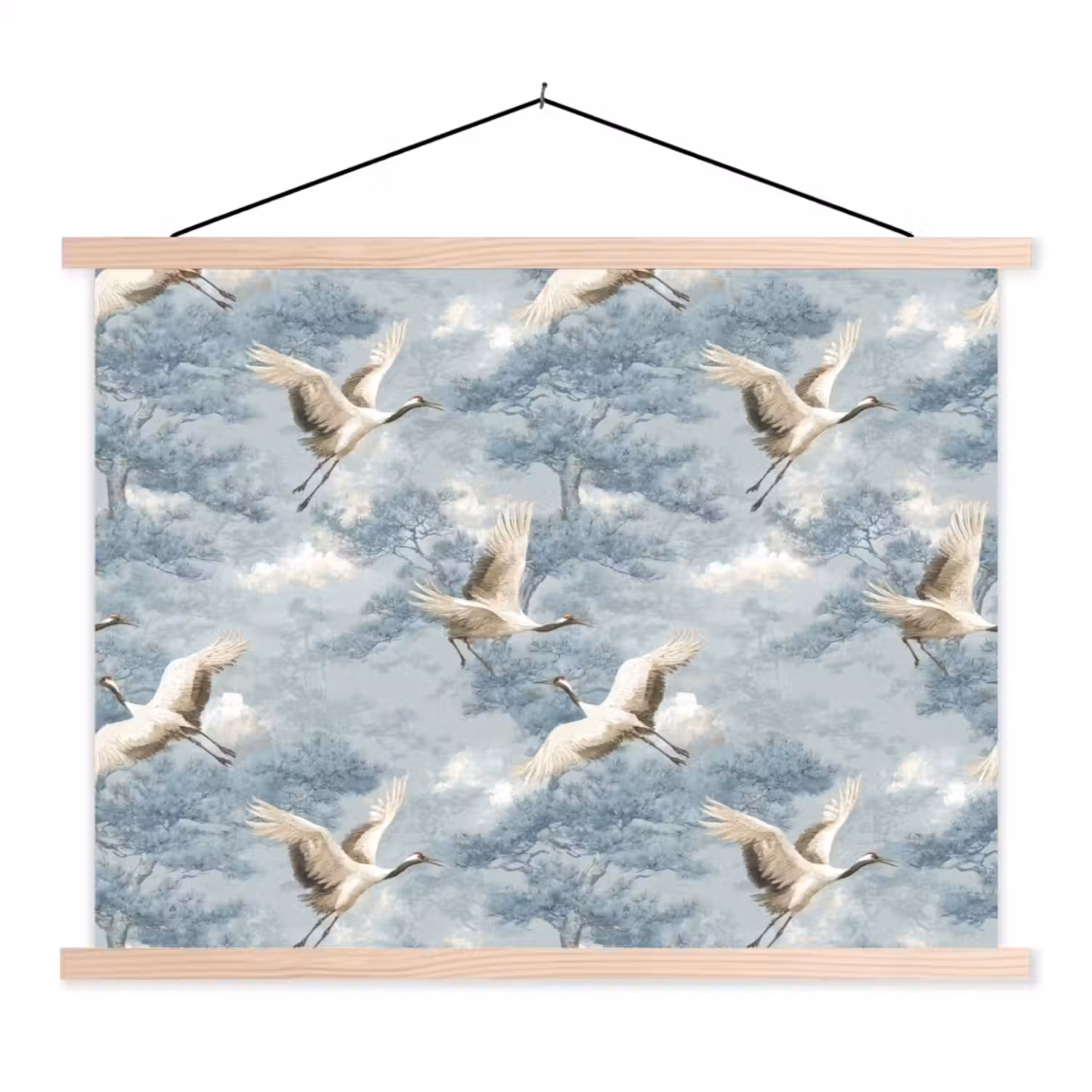 Wolken - Kraanvogels - Blauw textielposter latten blank klein 122 -3d