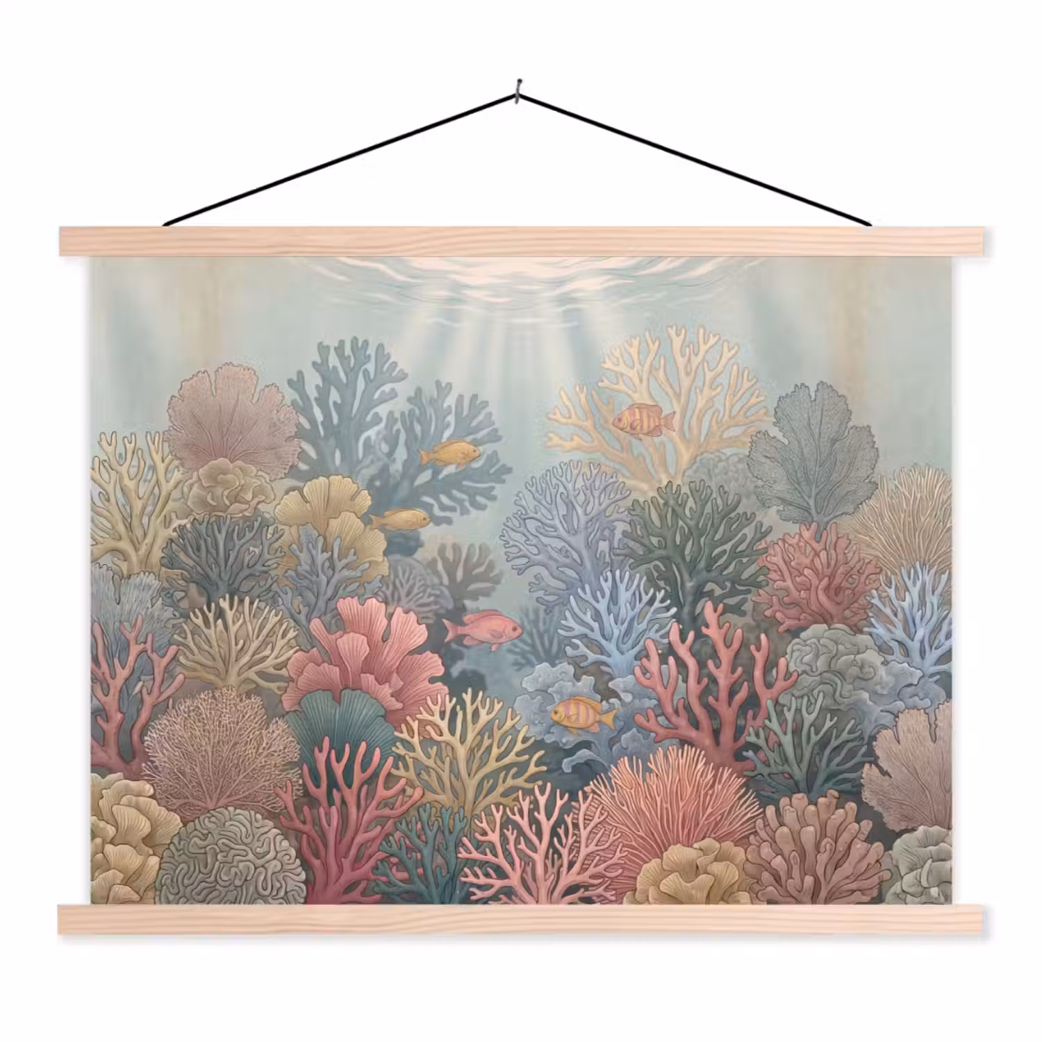 Zee - Koraal - Vis - Natuur - Kleurrijk textielposter latten blank klein -3d