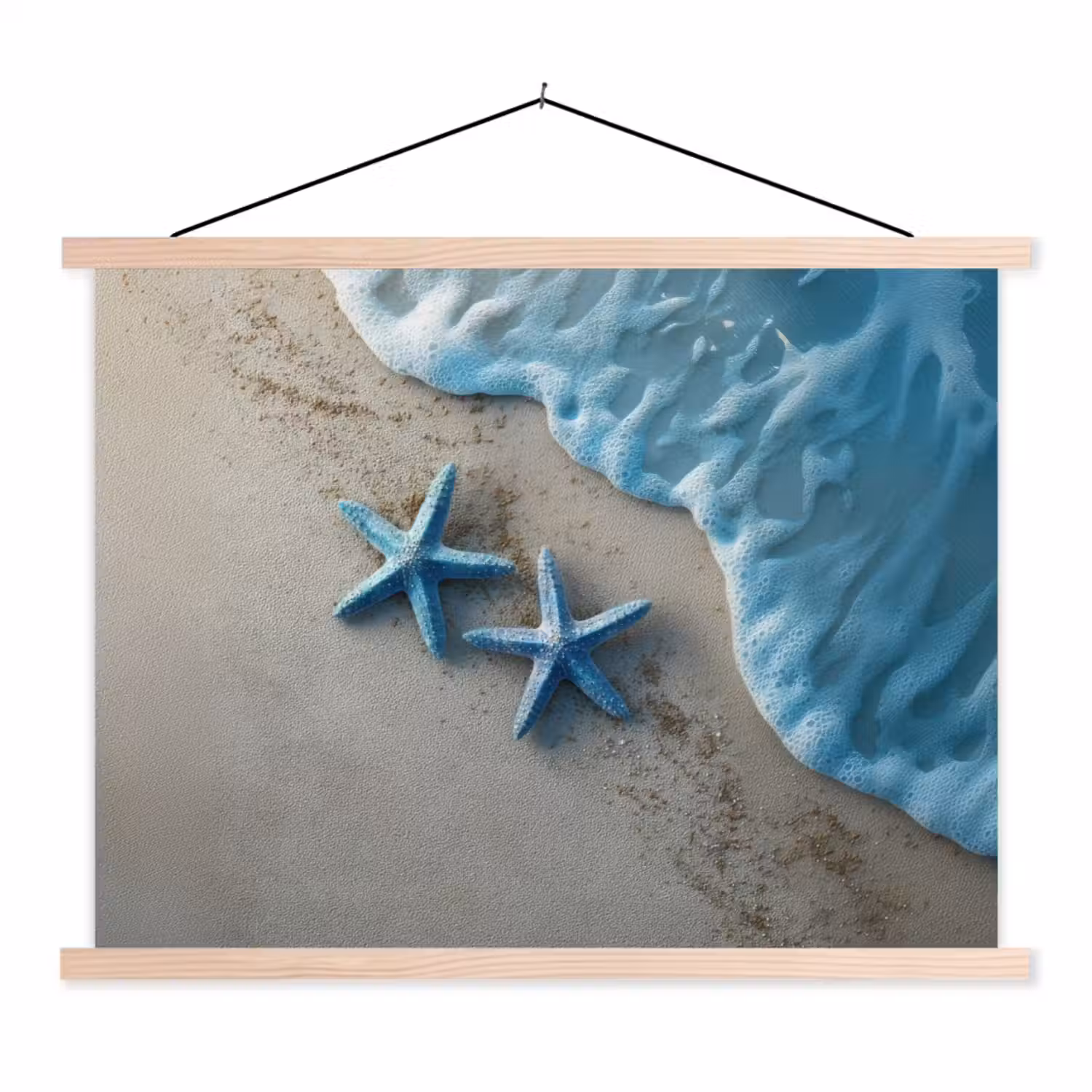 Zeesterren - Zand - Zee - Blauw textielposter latten blank klein -3d
