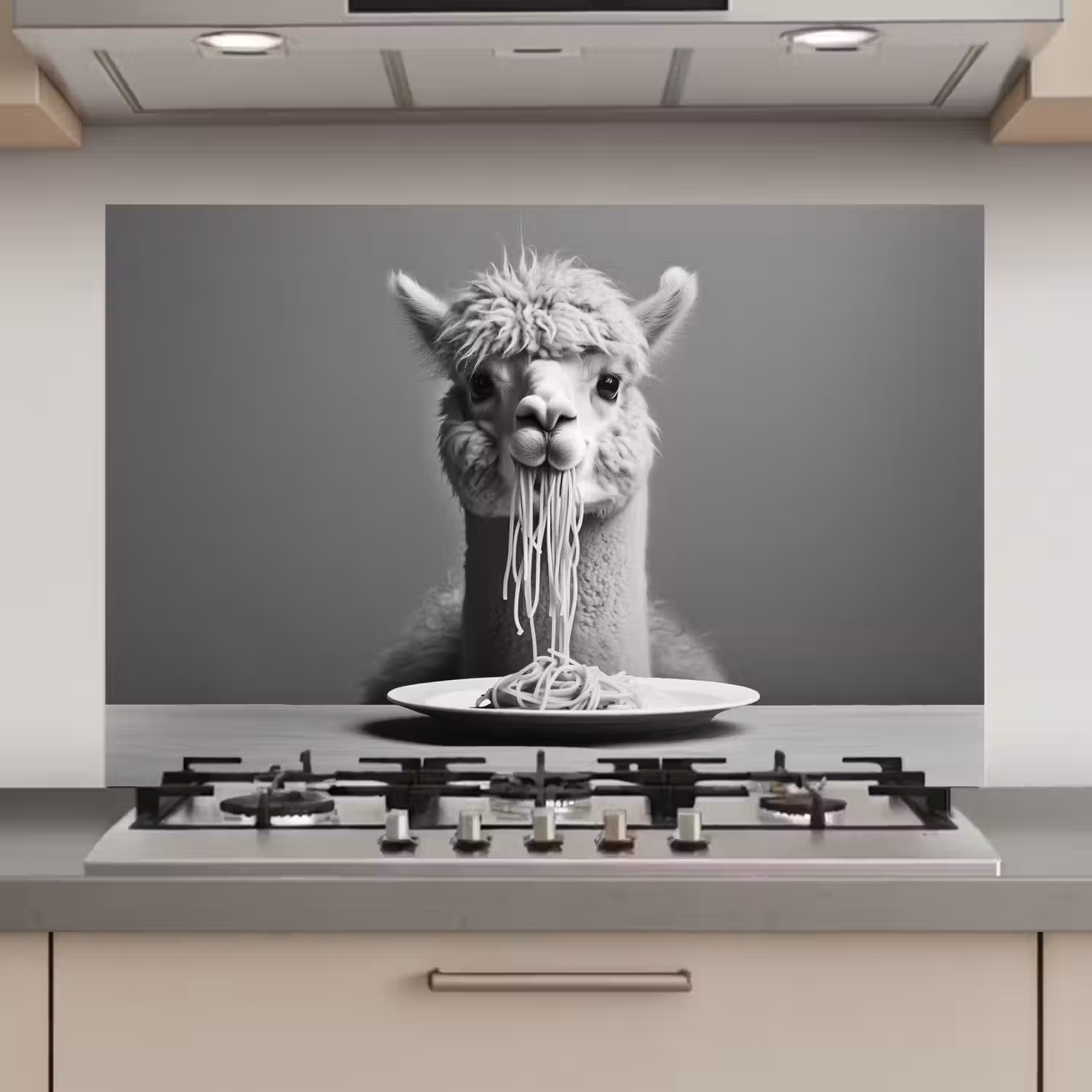 Alpaca - Pasta - Zwart - Wit - Grappig - Dieren keuken achterwand spatscherm klein -3d_website