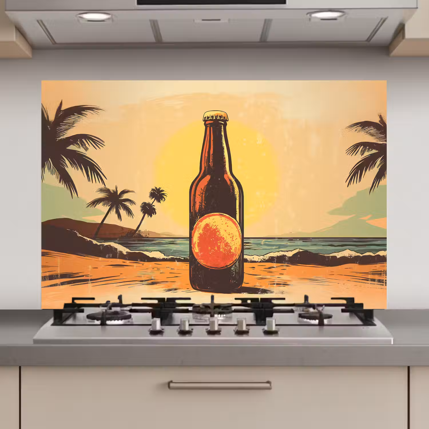 Bierfles - Zonsondergang - Palmbomen - Zee keuken achterwand spatscherm klein -3d_website