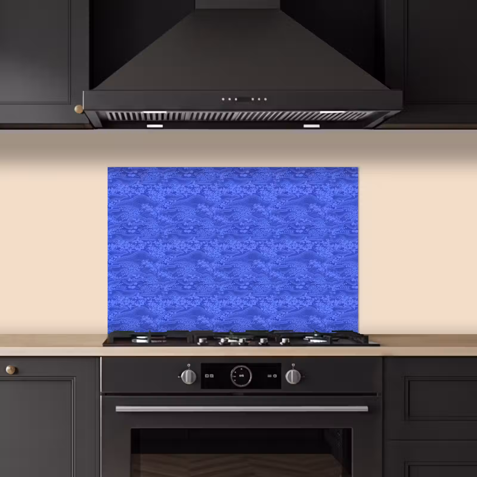 Blauw - Patroon - Heuvels - Bloemen keuken achterwand spatscherm klein 900 -sfeer1