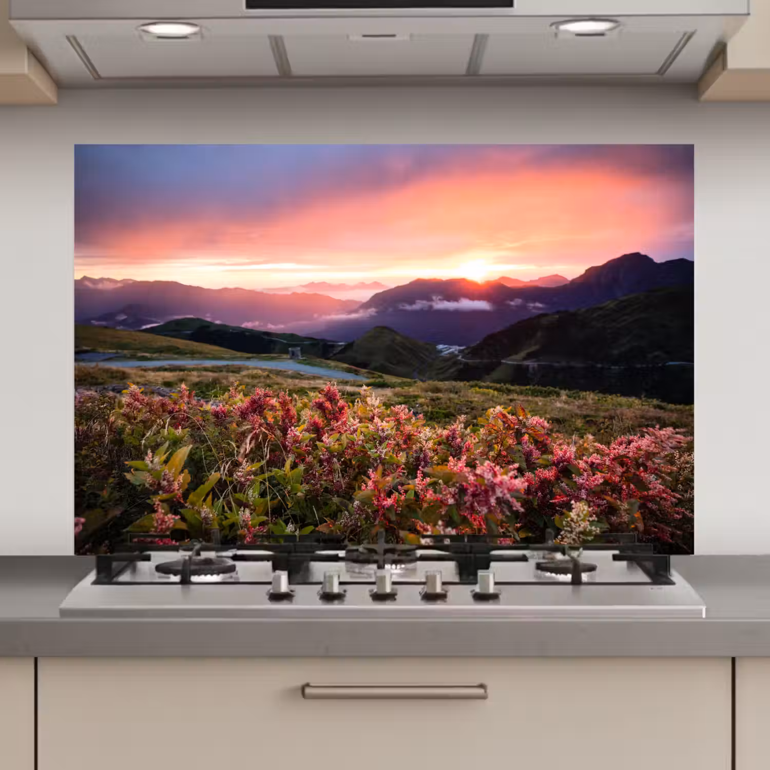 Bloemen - Bergen - Landschap - Nacht - Lucht - Roze keuken achterwand spatscherm klein -3d_website