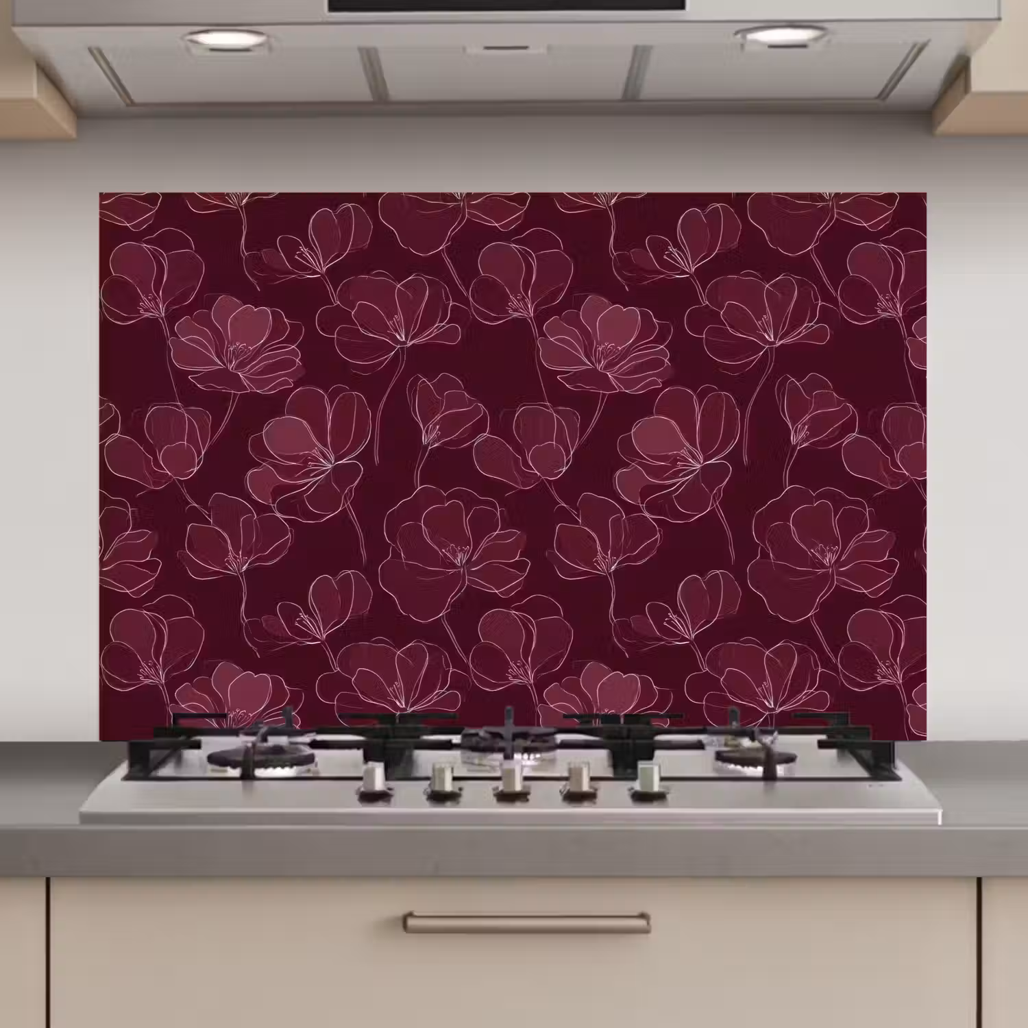 Bloemen - Patroon - Bordeauxrood keuken achterwand spatscherm klein 900 -3d_website
