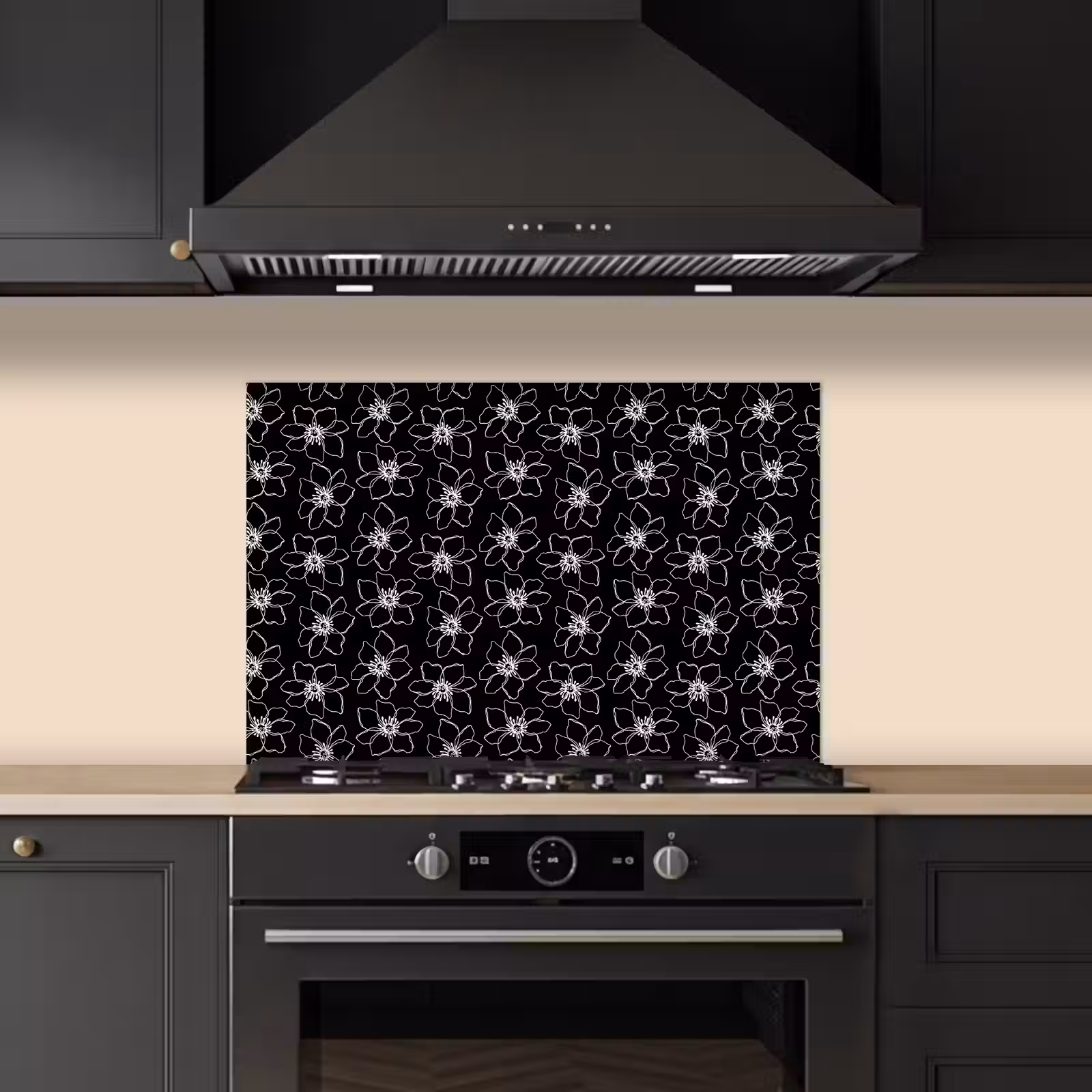 Bloemen - Patroon - Wit - Zwart keuken achterwand spatscherm klein 900 -sfeer1