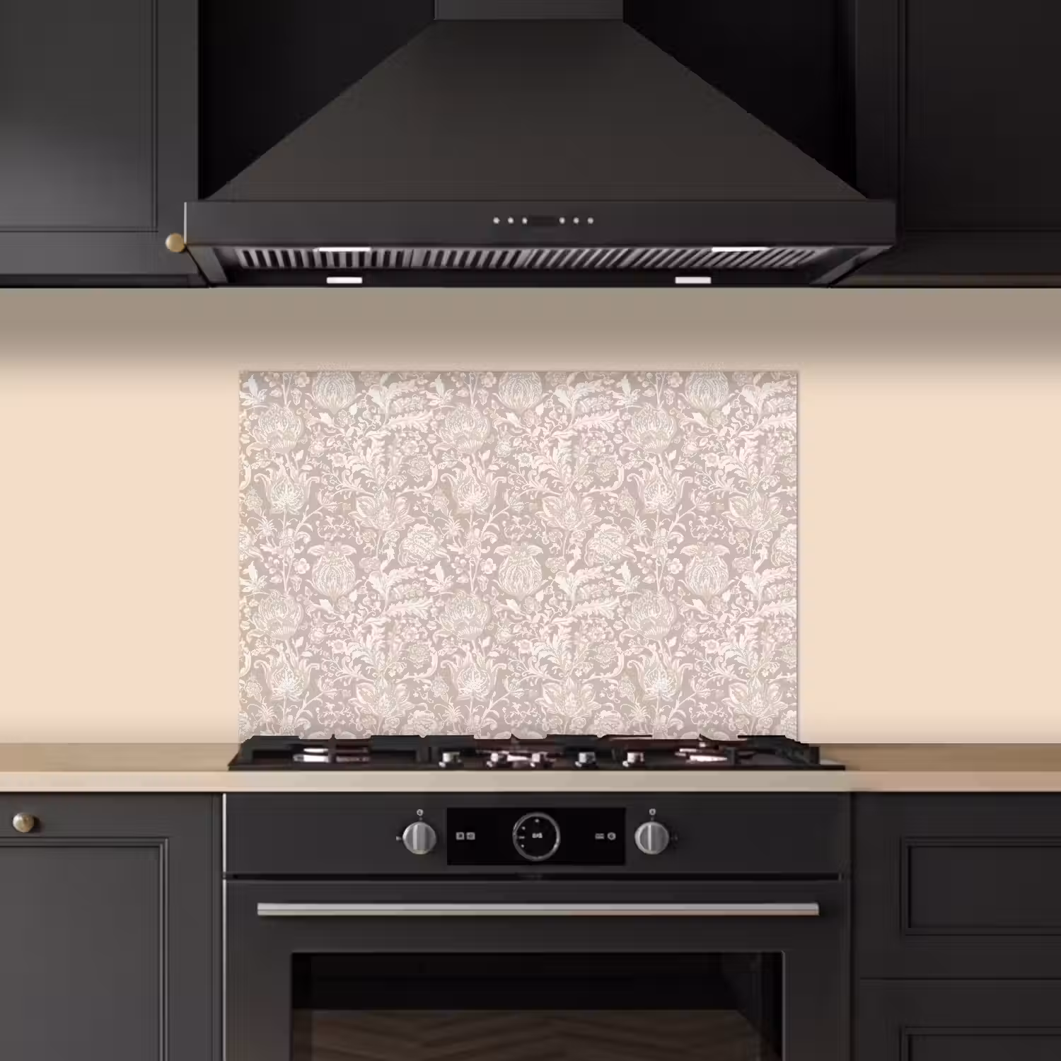 Bloemenprint - Grijs - Crème keuken achterwand spatscherm klein 900 -sfeer1