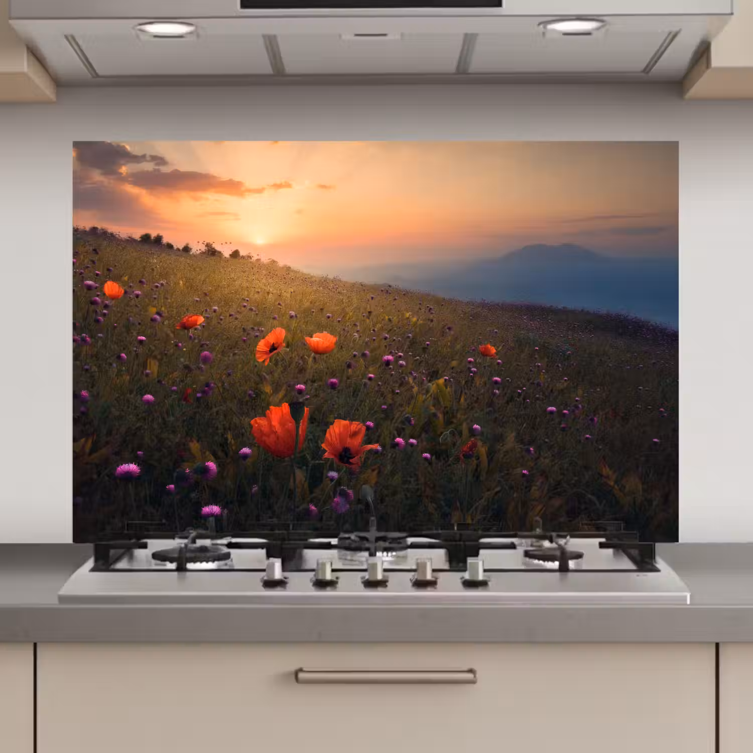 Bloemenveld - Gras - Bloemen - Planten - Zonsondergang - Oranje keuken achterwand spatscherm klein -3d_website