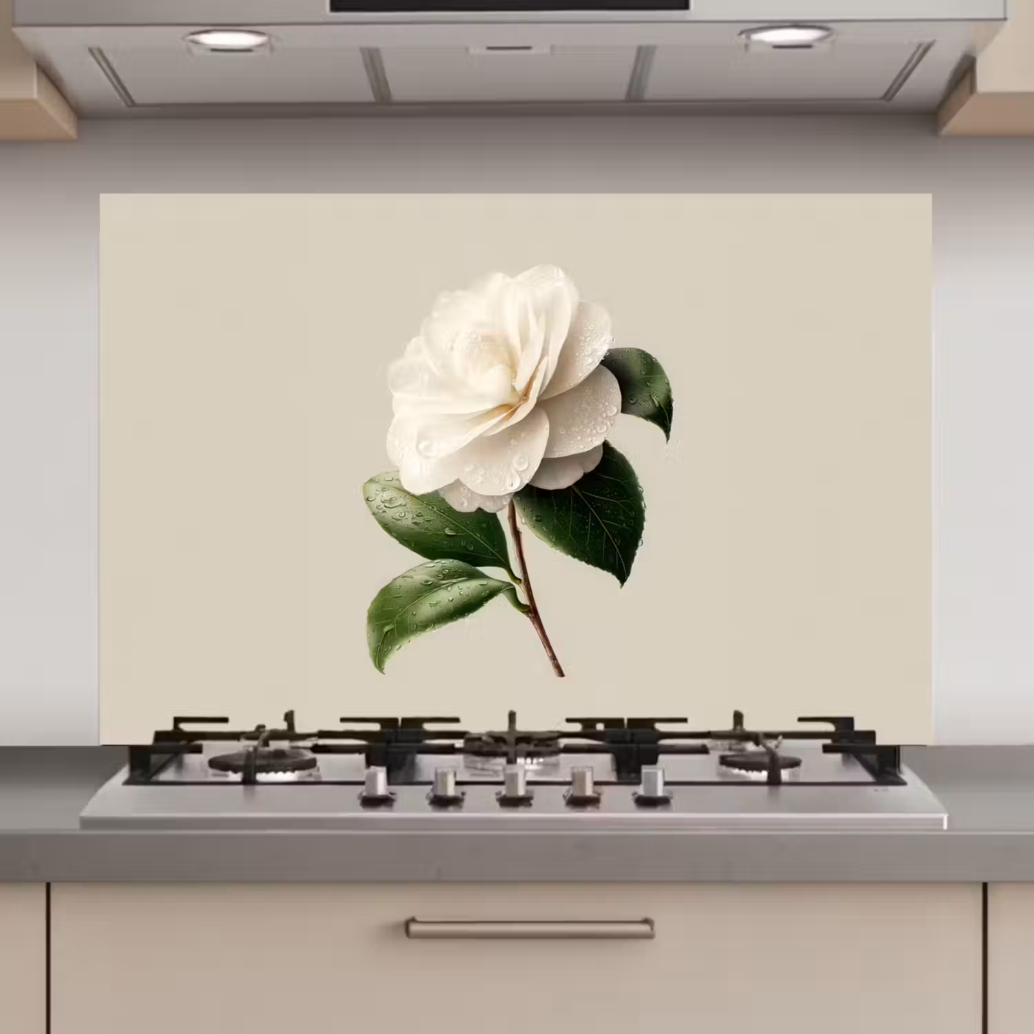 Cameliabloem - Wit - Groen keuken achterwand spatscherm klein -3d_website