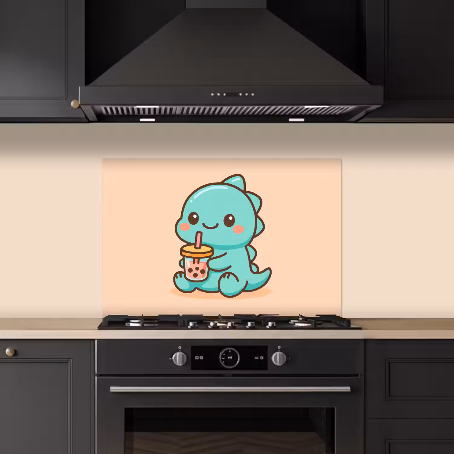 Dino - Boba - kawaii - Oranje keuken achterwand spatscherm klein -sfeer1