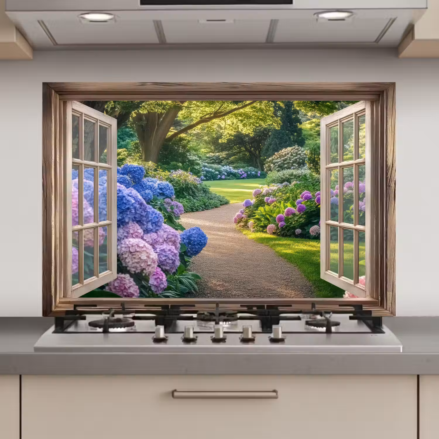 Doorkijk - Tuin - Raam - Hortensia - Bloemen keuken achterwand spatscherm klein -3d_website