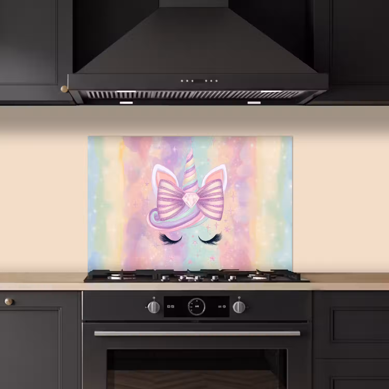 Eenhoorn - Glitters - Regenboog - Pastel keuken achterwand spatscherm klein -sfeer1