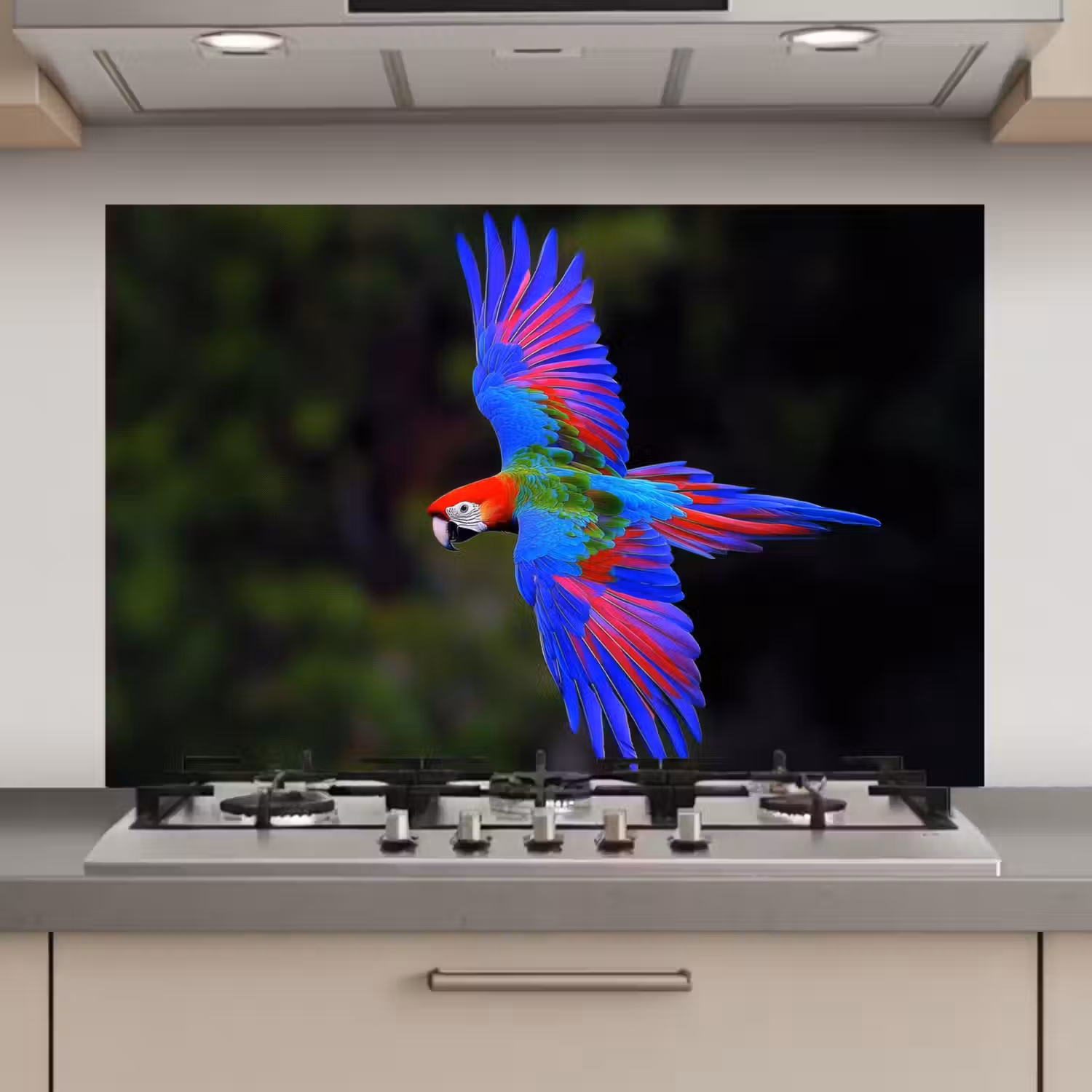 Felgekleurd - Papegaai - Bos - Vleugels keuken achterwand spatscherm klein -3d_website