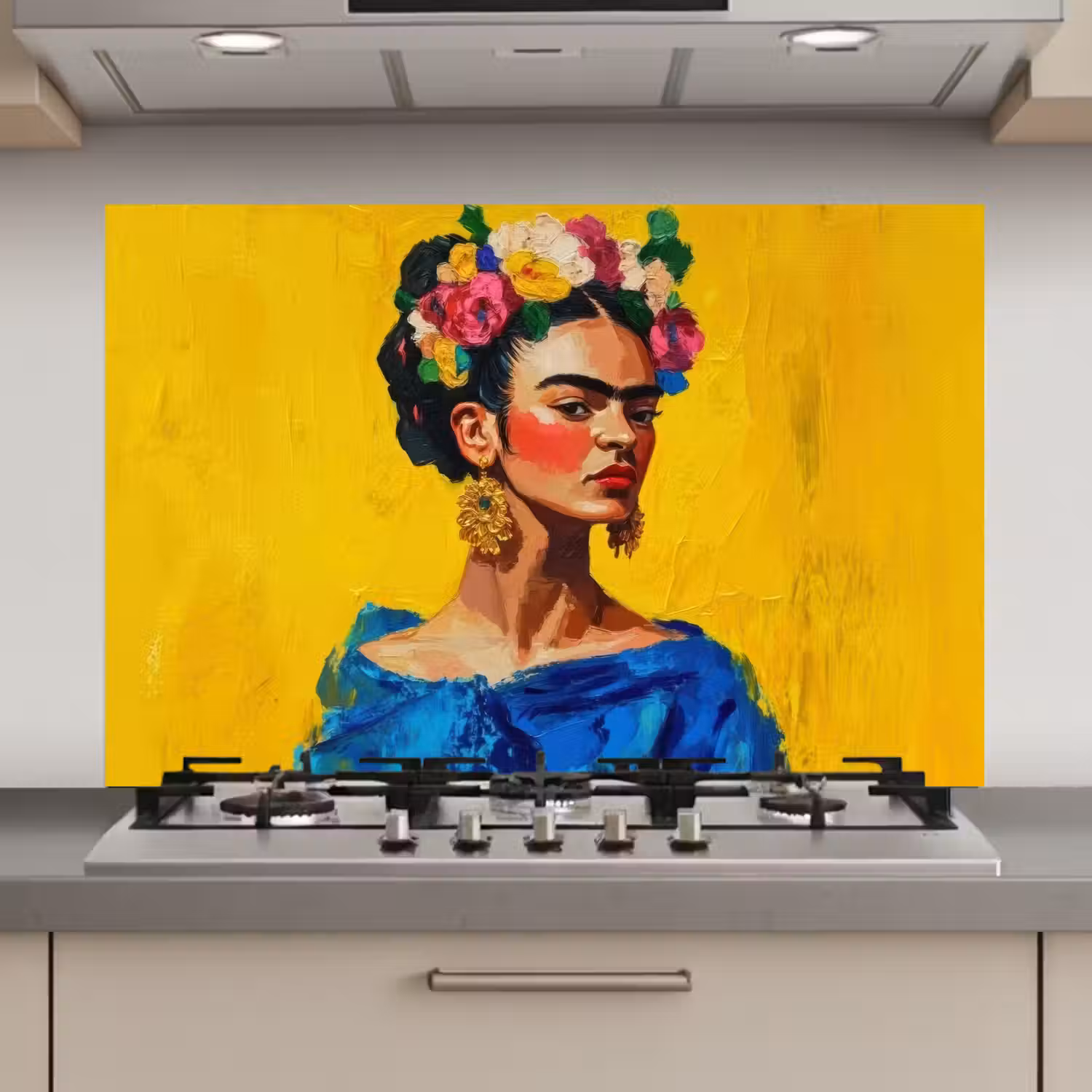 Frida Kahlo - Vrouw - Geel - Blauw - Bloemen keuken achterwand spatscherm klein -3d_website