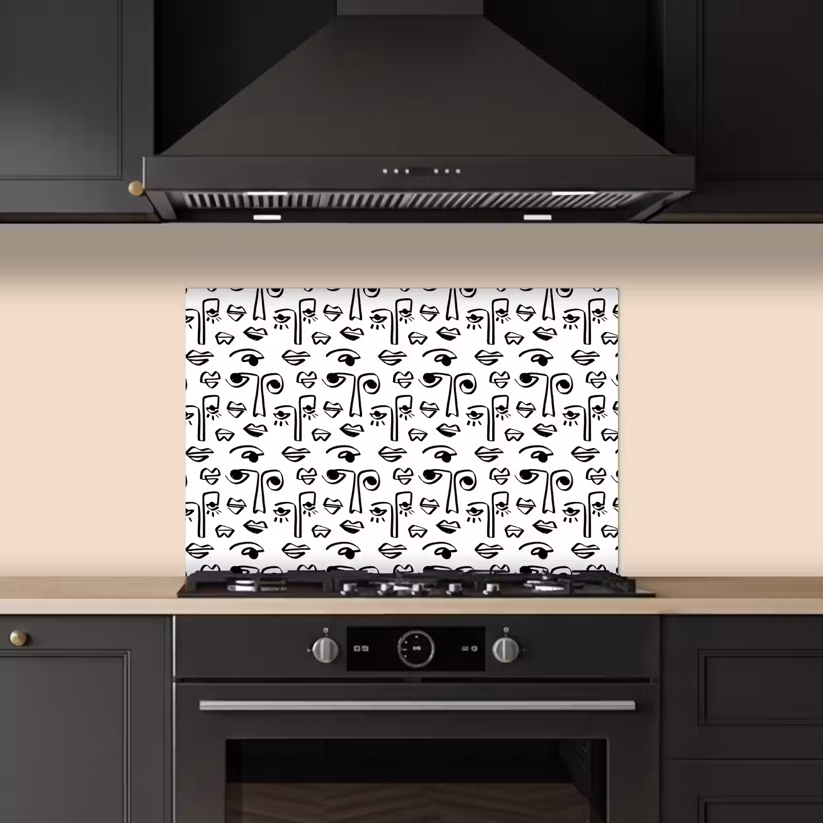 Gezicht - Zwart - Lijnen - Artistiek keuken achterwand spatscherm klein 900 -sfeer1