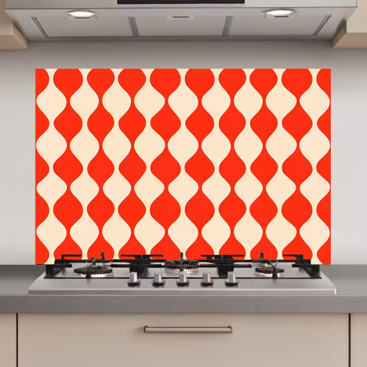 Golvend patroon - Retro - Rood - Beige keuken achterwand spatscherm klein 900 -3d_website