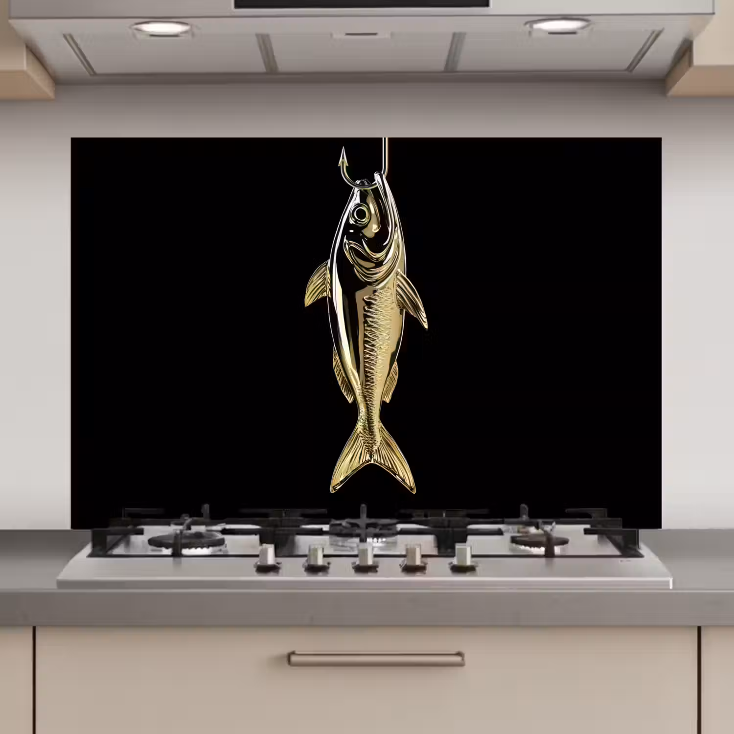 Goud - Vis - Haak - Zwart keuken achterwand spatscherm klein -3d_website