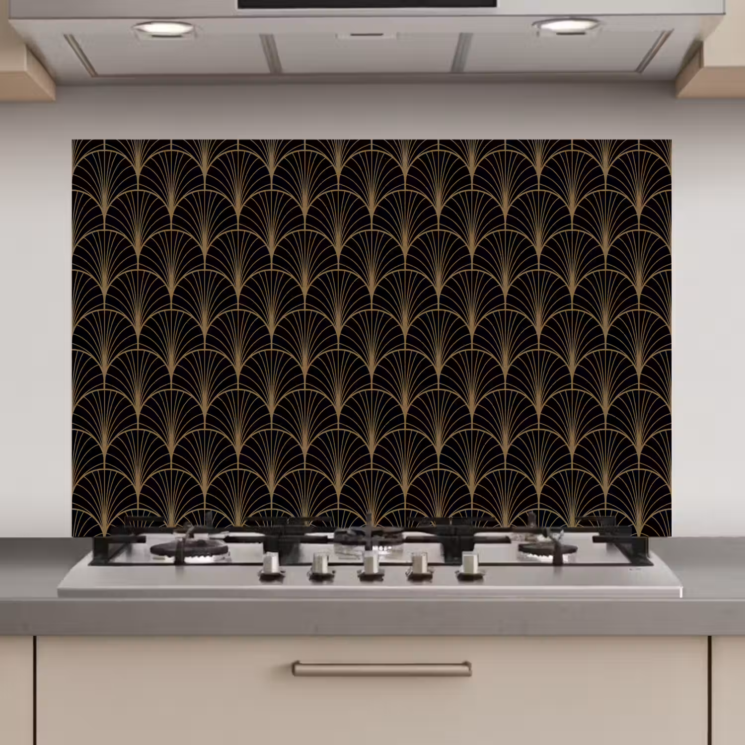 Gouden - Waaiers - Zwart keuken achterwand spatscherm klein 900 -3d_website