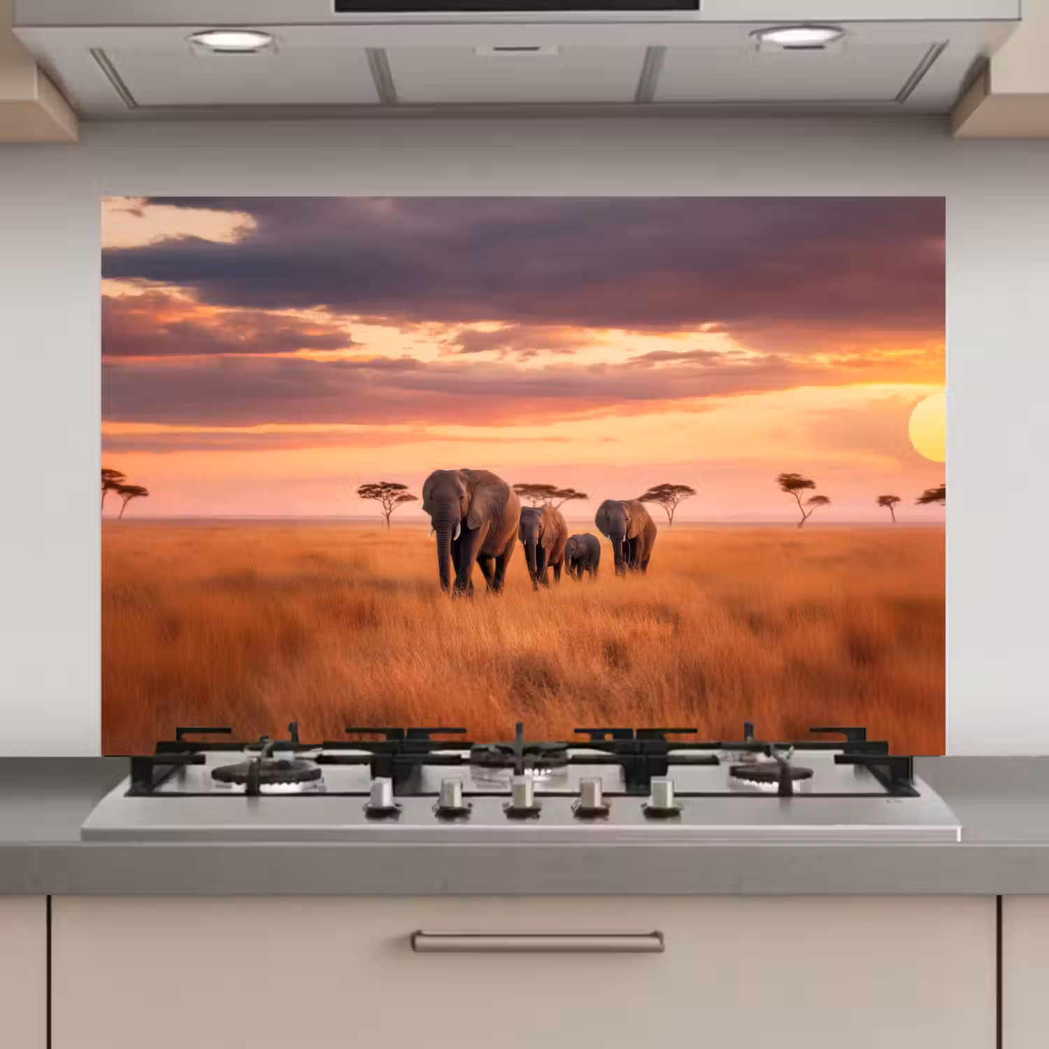 Groep olifanten - Open vlakte - Zon keuken achterwand spatscherm klein -3d_website