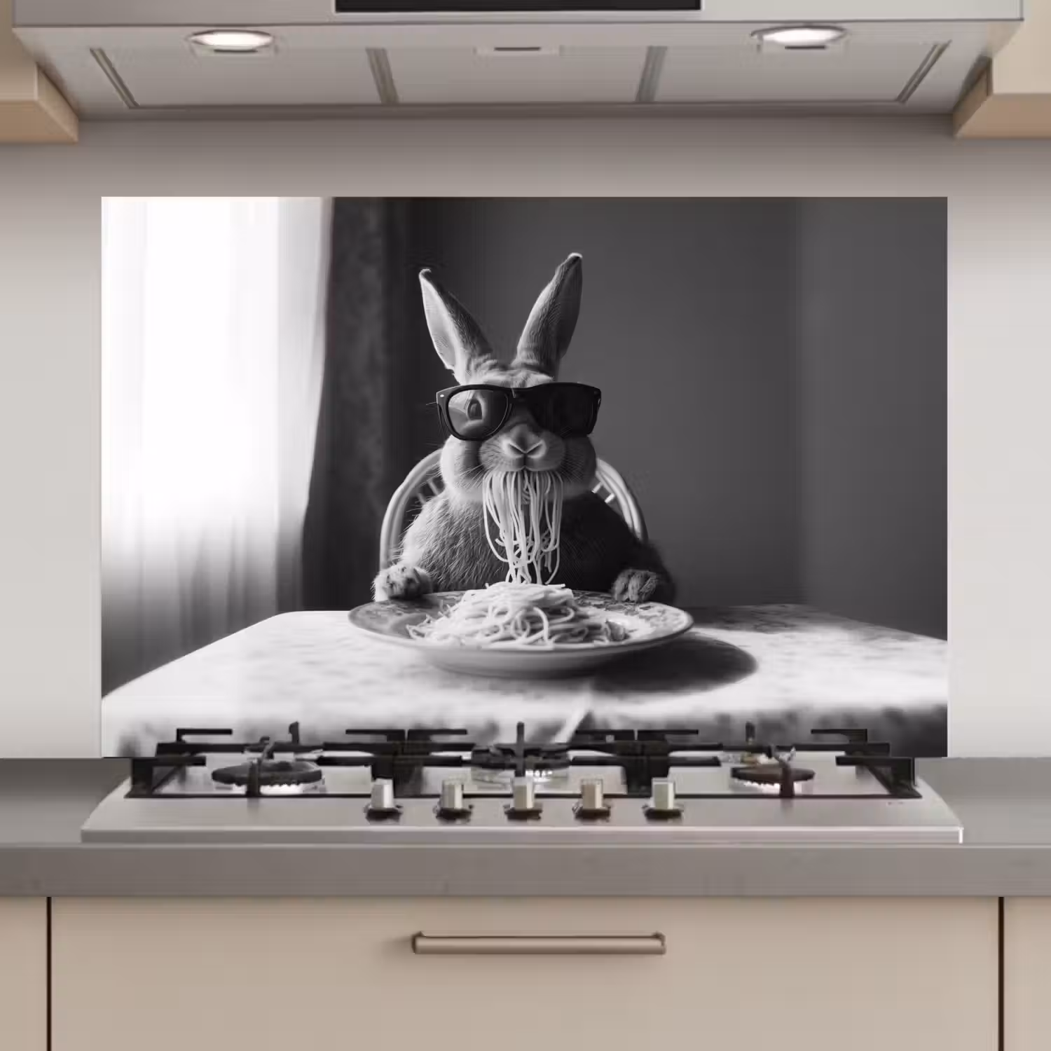 Konijn - Bunny - Zonnebril - Tafelkleed - Pasta - Schattig keuken achterwand spatscherm klein -3d_website