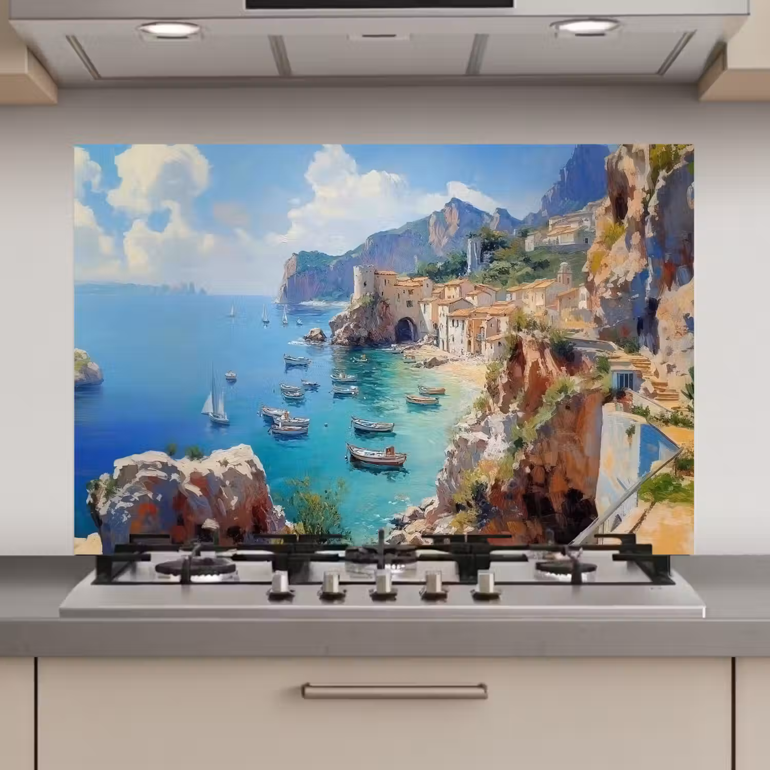 Kustdorp - Schilderij - Rotsen - Boten keuken achterwand spatscherm klein -3d_website
