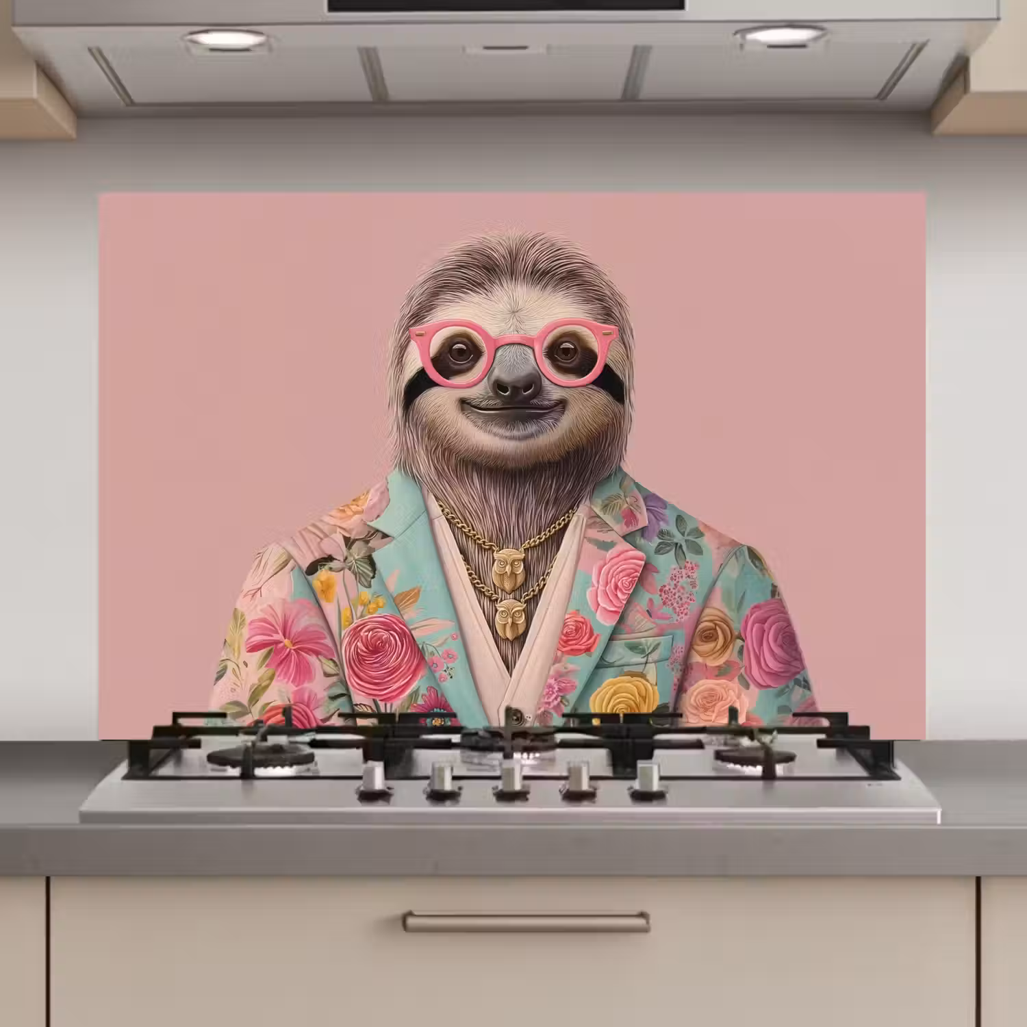 Luiaard - Bloemenprint - Bril - Roze keuken achterwand spatscherm klein -3d_website