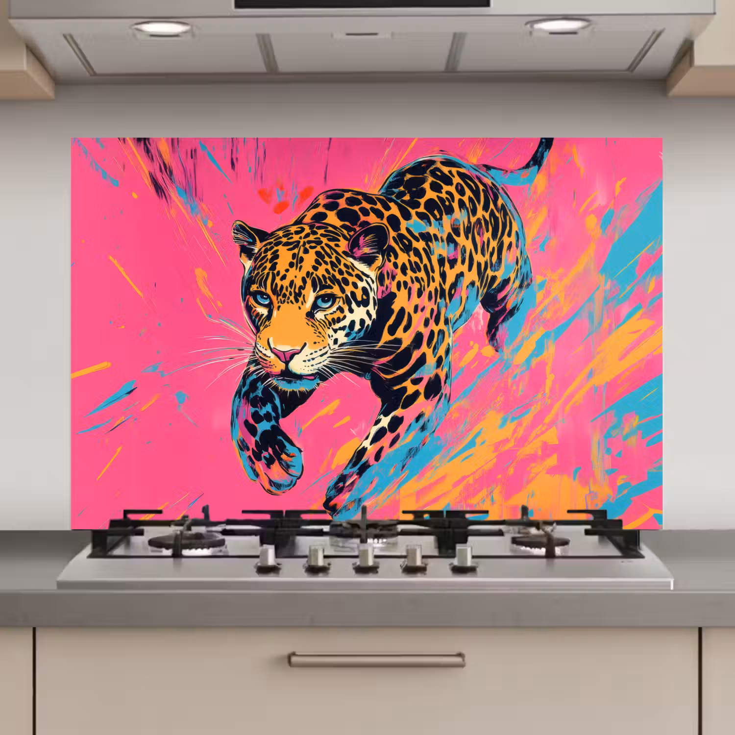 Luipaard - Roze - Oranje - Blauw - Verf keuken achterwand spatscherm klein -3d_website