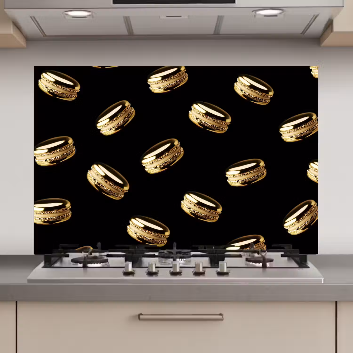 Macarons - Patroon - Goud - Zwart keuken achterwand spatscherm klein -3d_website