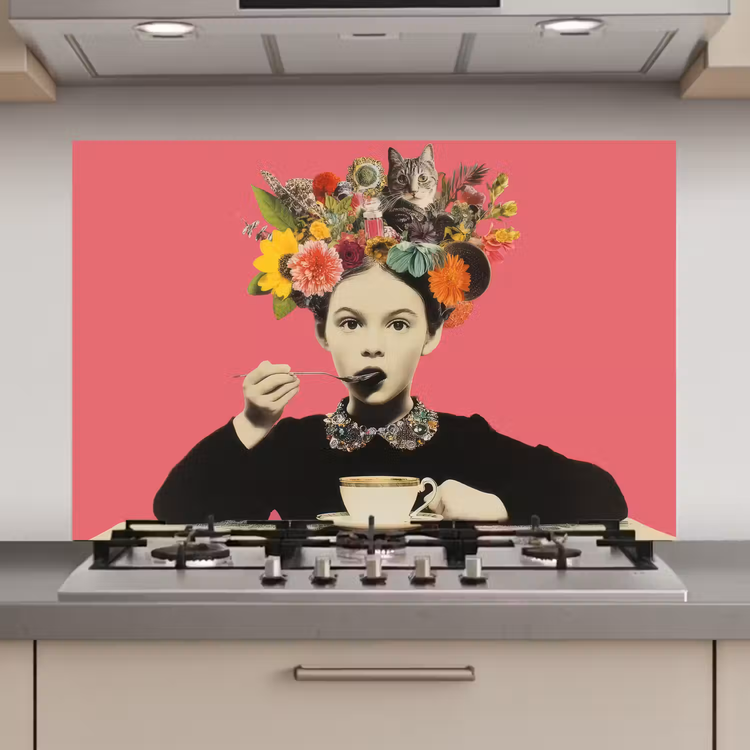 Meisje - Kopje - Bloemen - Roze keuken achterwand spatscherm klein -3d_website