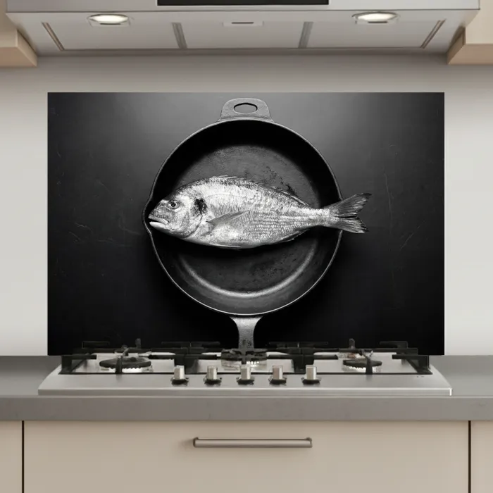 Pan - Vis - Zwart - Wit keuken achterwand spatscherm klein -3d_website