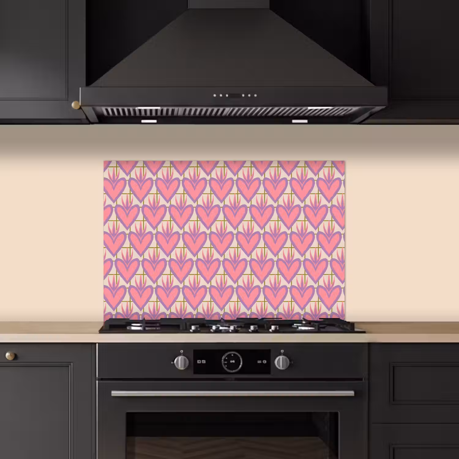 Patroon - Roze - Hartjes keuken achterwand spatscherm klein 900 -sfeer1