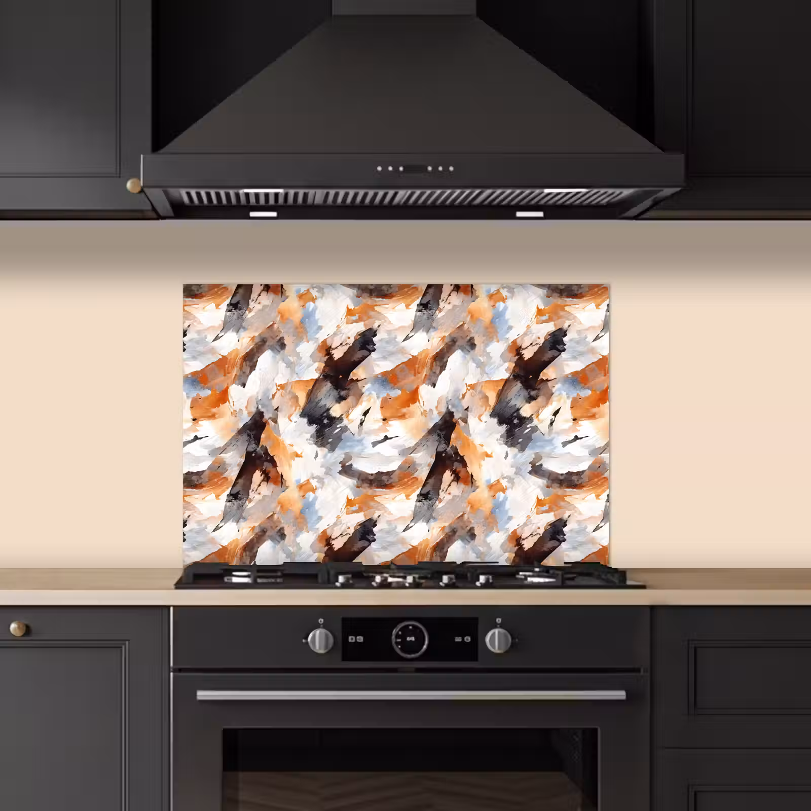 Penseelstreken - Oranje - Grijs keuken achterwand spatscherm klein 900 -sfeer1