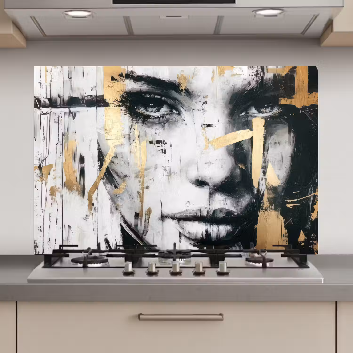 Portret - Vrouw - Penseelstreken - Goud keuken achterwand spatscherm klein -3d_website