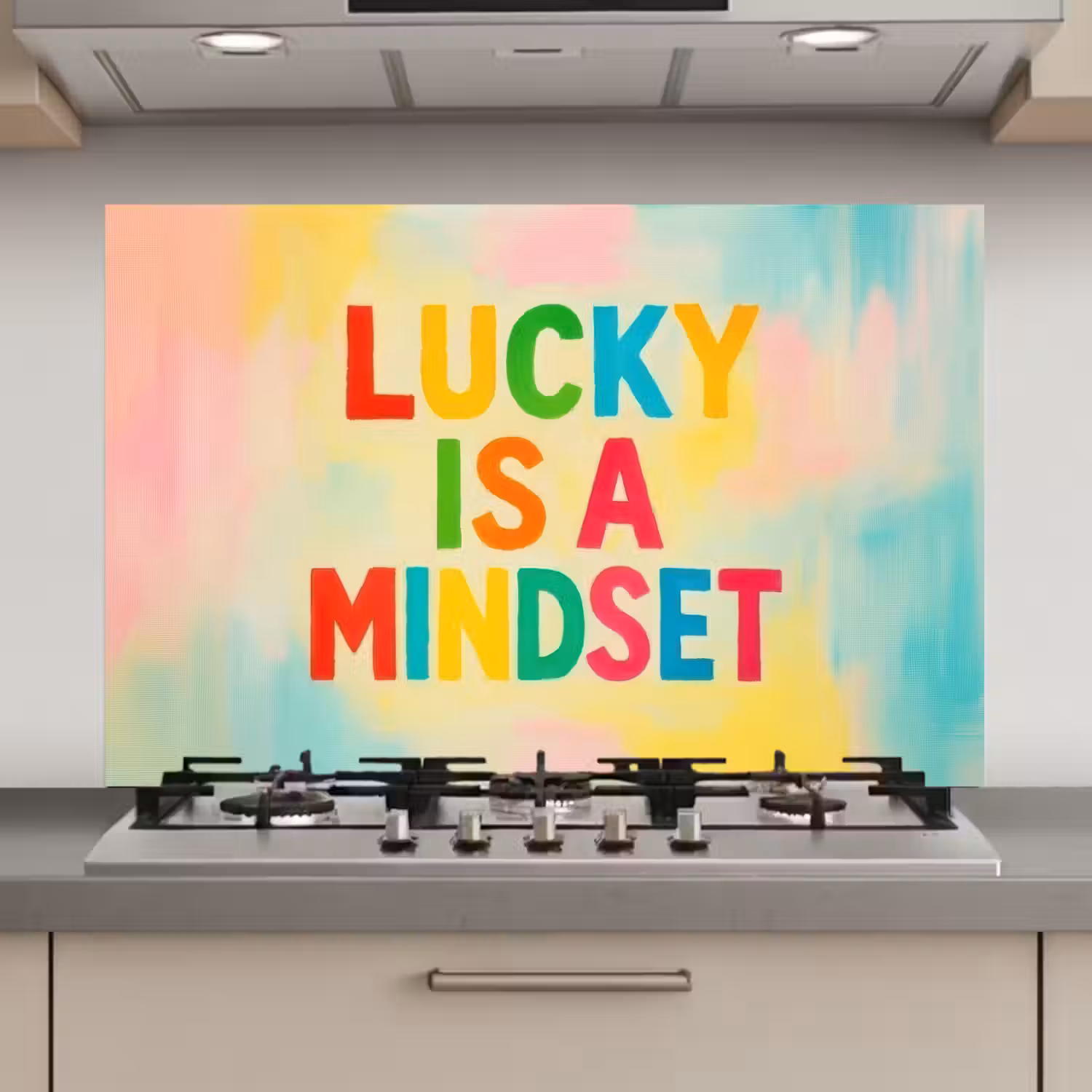 Quote - Lucky - Regenboogkleuren keuken achterwand spatscherm klein -3d_website
