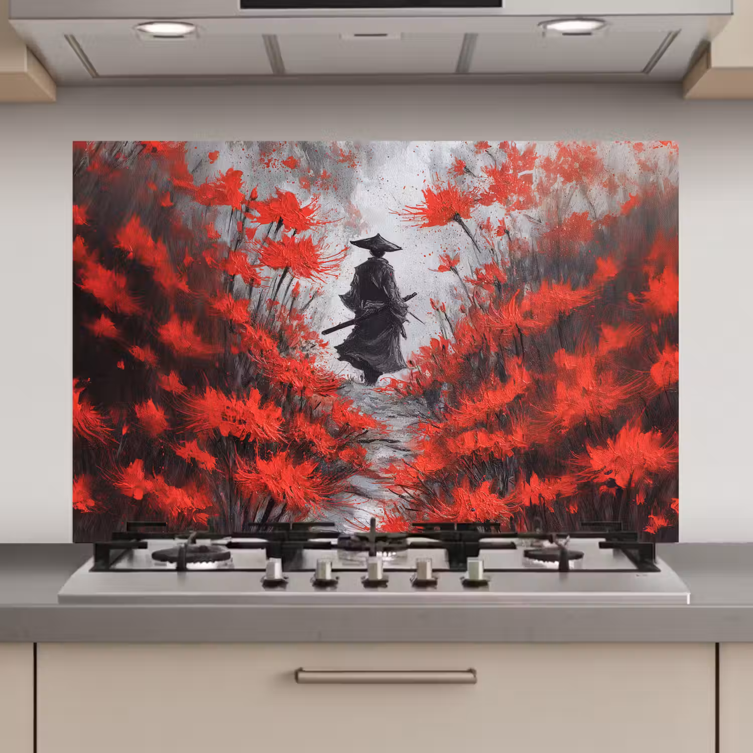 Rode bloemen - mistig - Man keuken achterwand spatscherm klein -3d_website