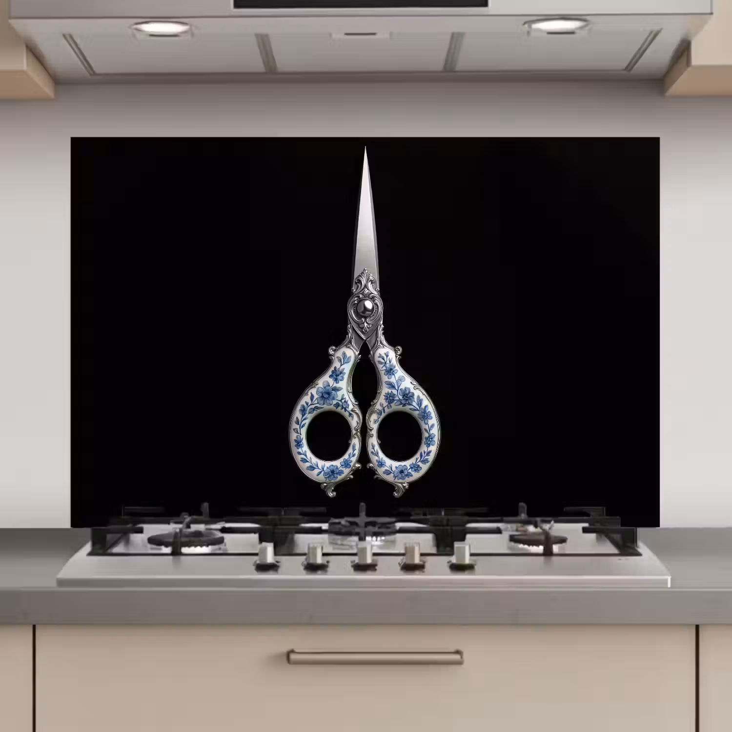 Schaar - Delfts blauw - Zwart keuken achterwand spatscherm klein -3d_website