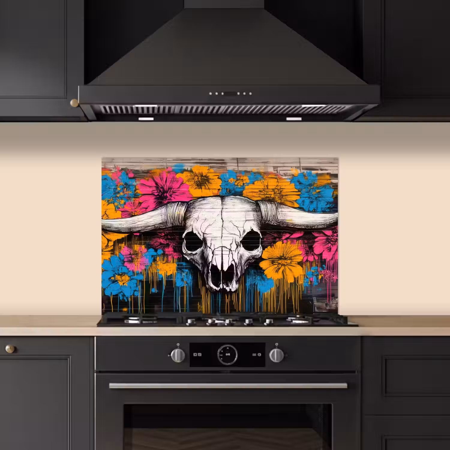 Schedel - Bloemen - Graffiti keuken achterwand spatscherm klein -sfeer1