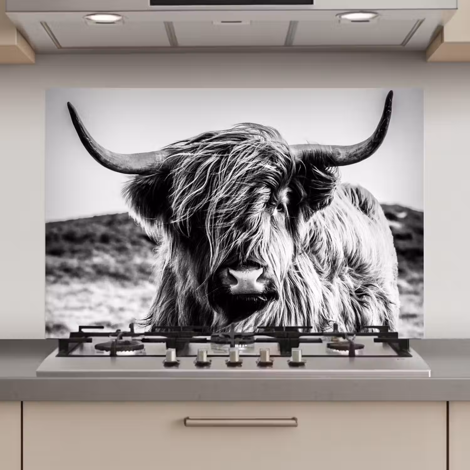 Schotse hooglander - Natuur - Koe - Zwart - Wit keuken achterwand spatscherm klein -3d_website