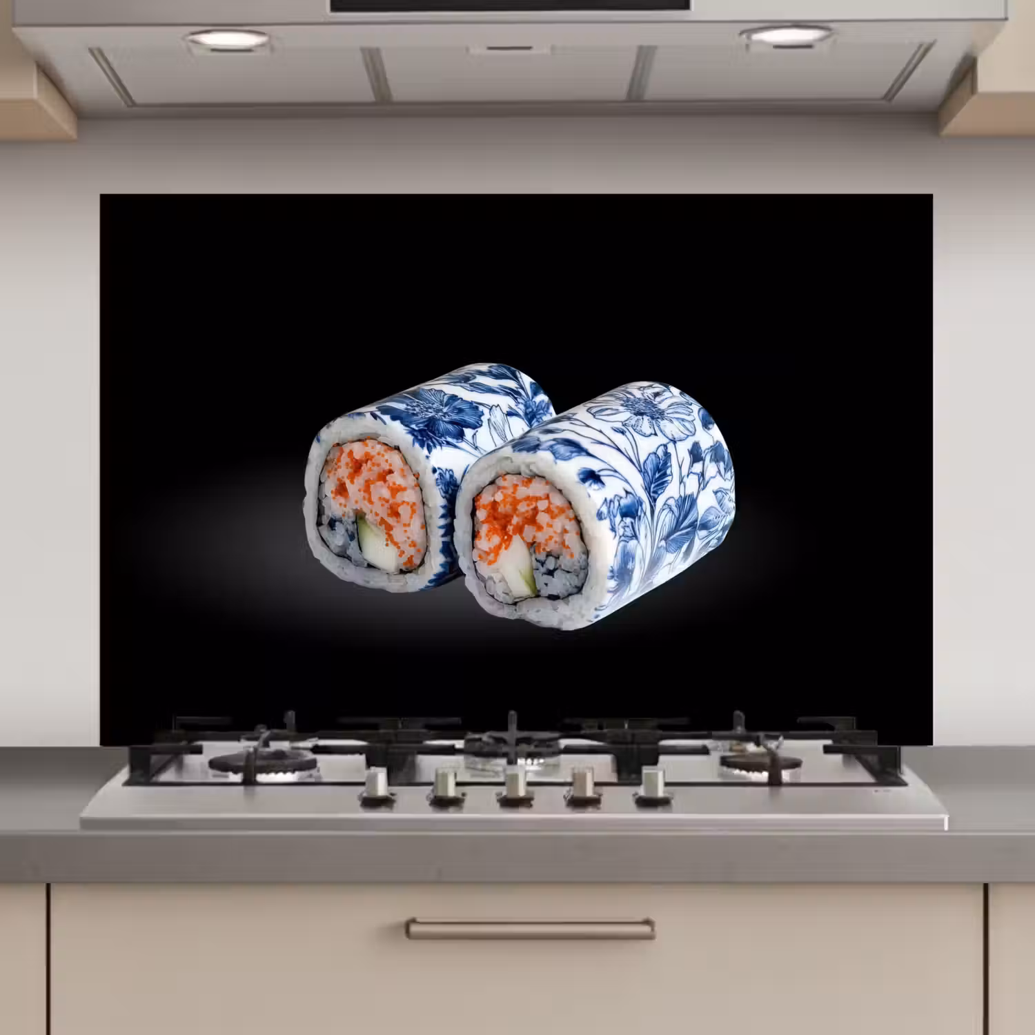 Sushi - Delfts blauw - Rijst - Vis - Elegant keuken achterwand spatscherm klein -3d_website