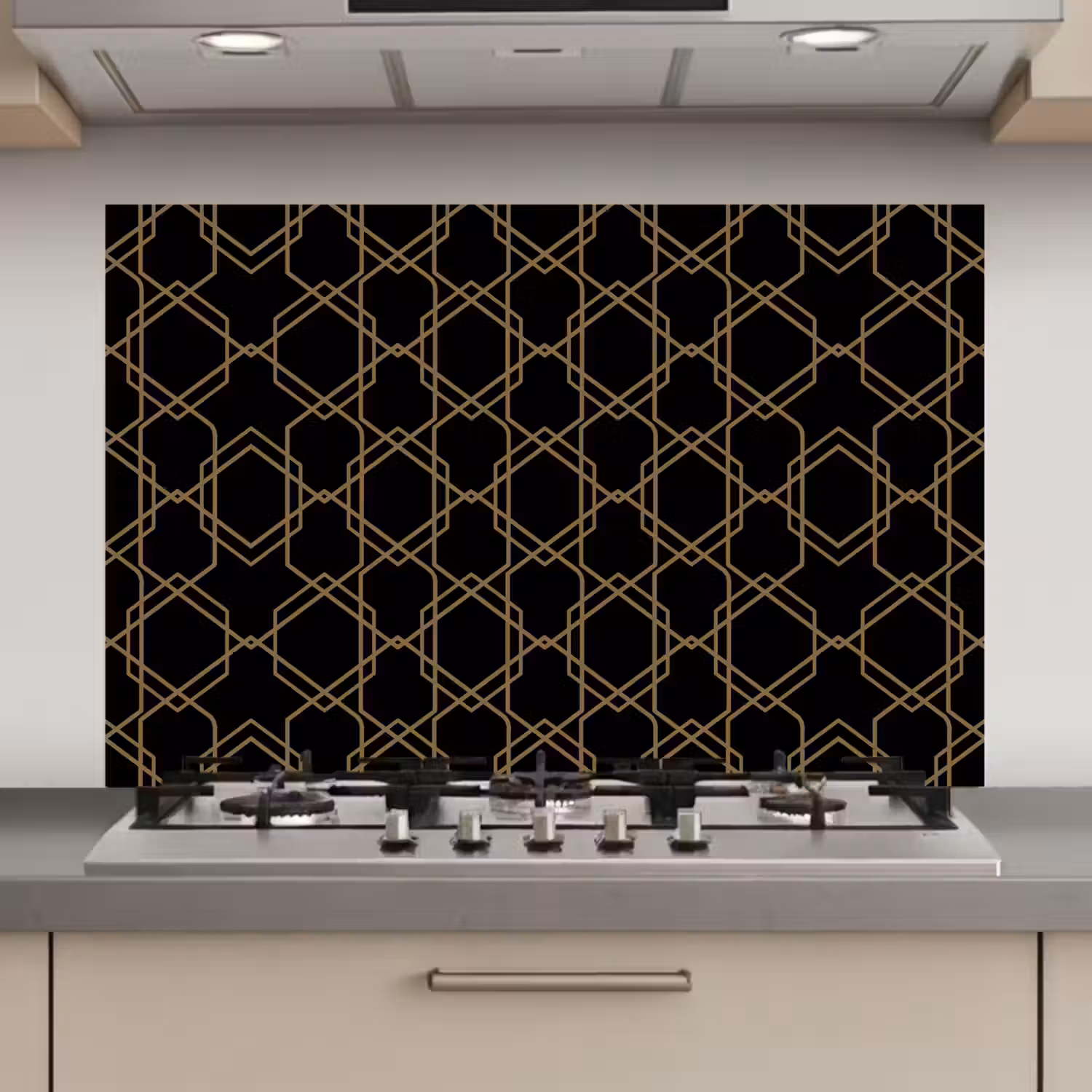 Verweven - Zeshoeken - Zwart - Goud keuken achterwand spatscherm klein 900 -3d_website