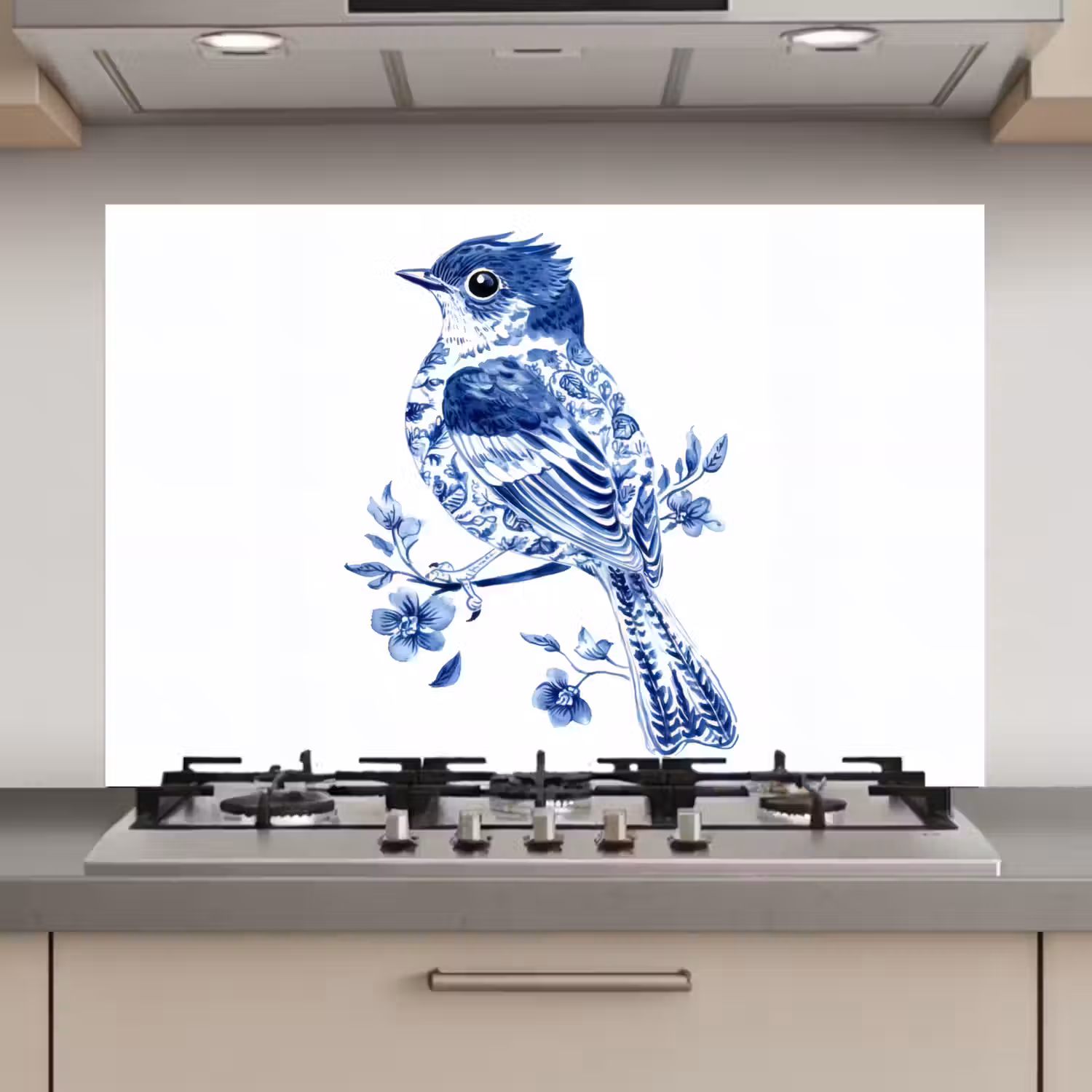 Vogel - Delfts blauw - Illustratie - Bloemen keuken achterwand spatscherm klein -3d_website