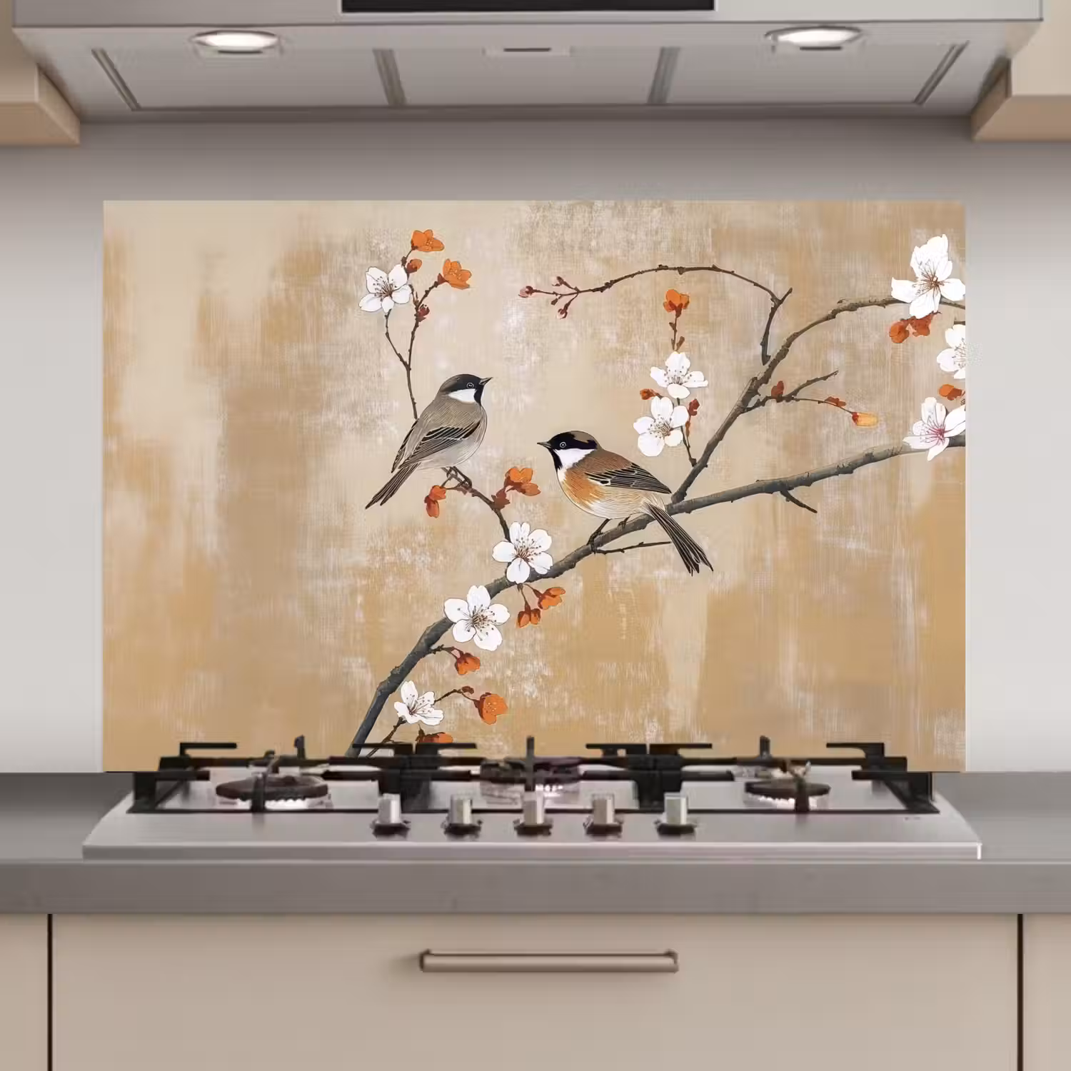Vogels - Bloesemtak - Bloemen - Oranje keuken achterwand spatscherm klein -3d_website