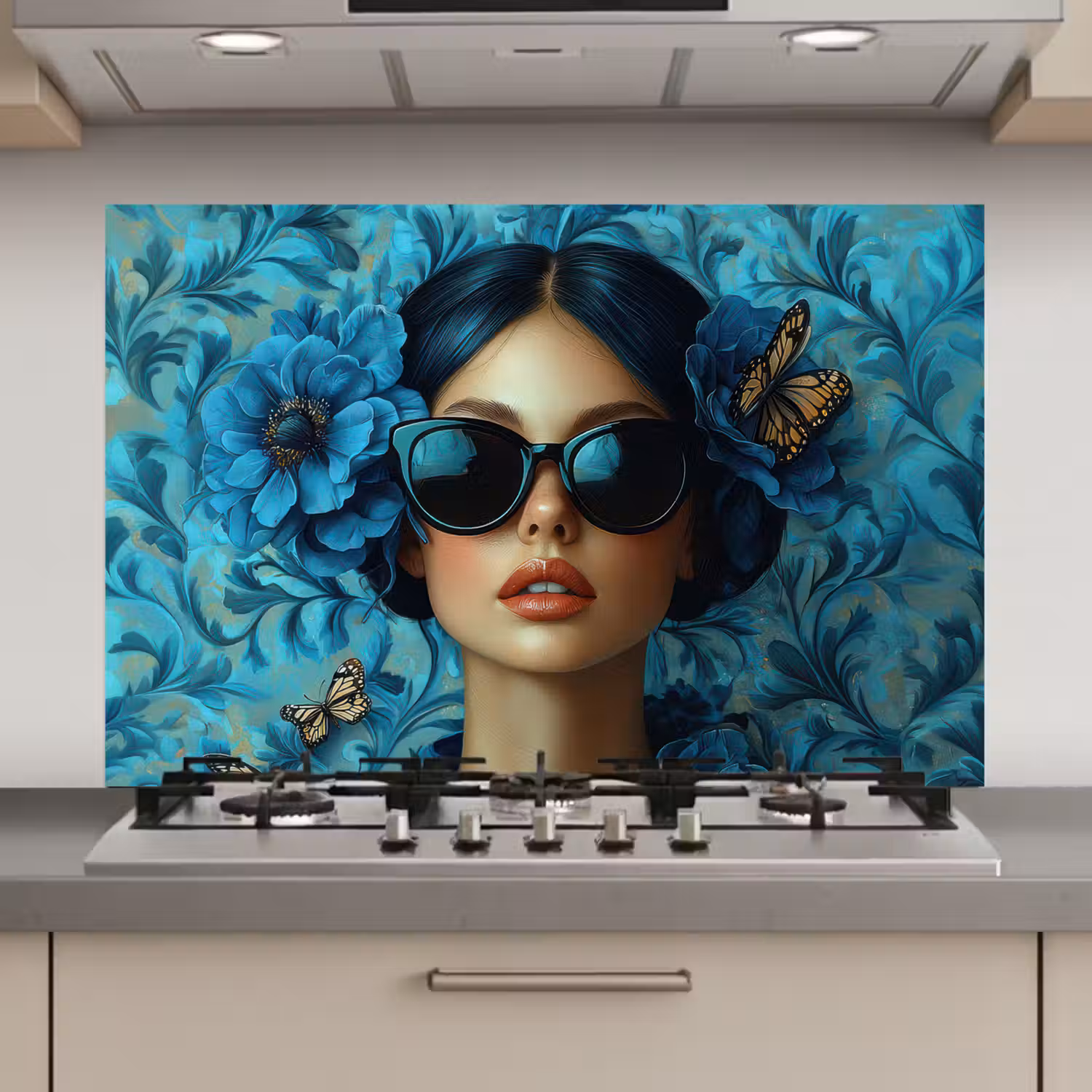 Vrouw - Bloemen - Vlinders - Blauw - Abstract keuken achterwand spatscherm klein -3d_website