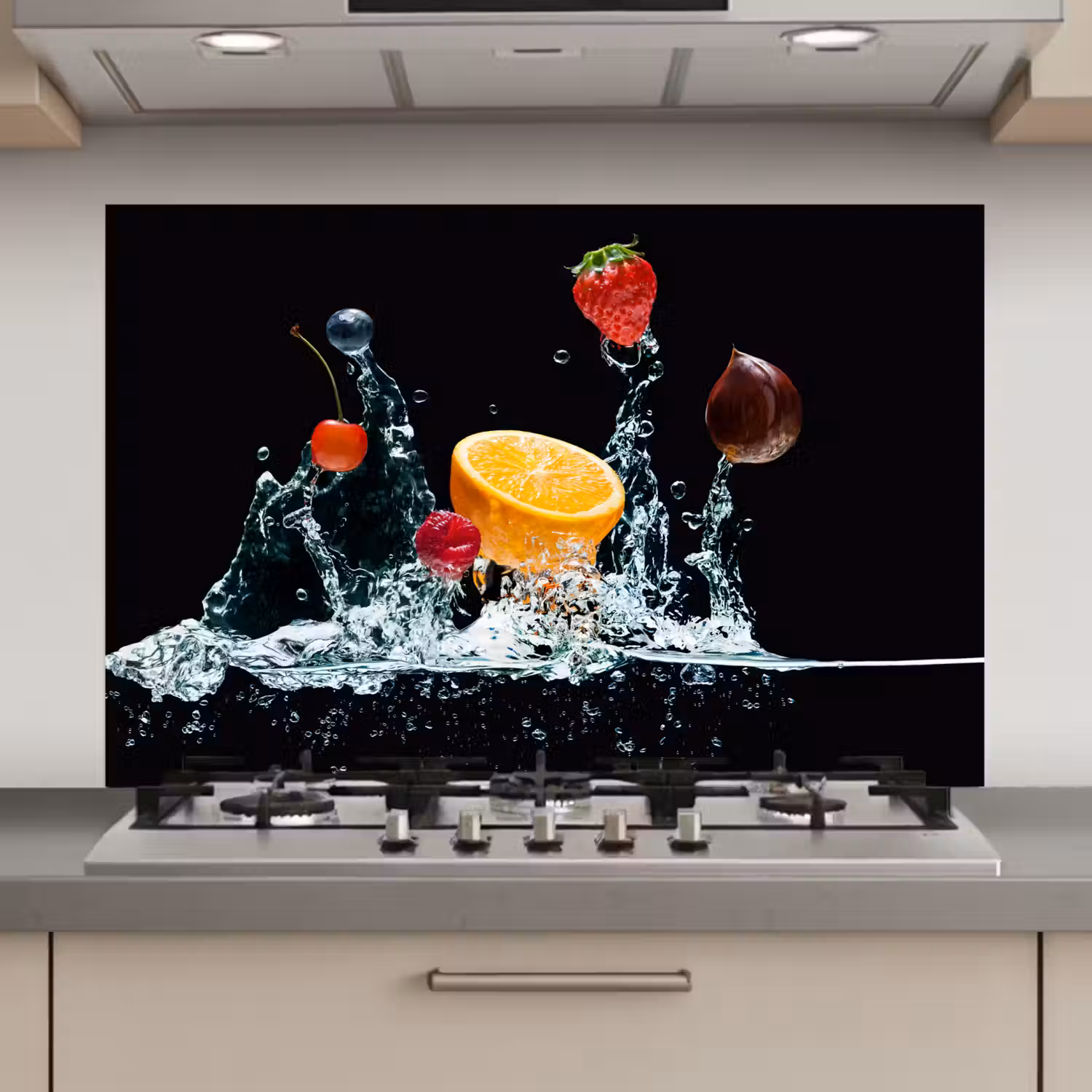 Water - Fruit - Sinaasappel - Aardbei - Kers - Zwart keuken achterwand spatscherm klein -3d_website