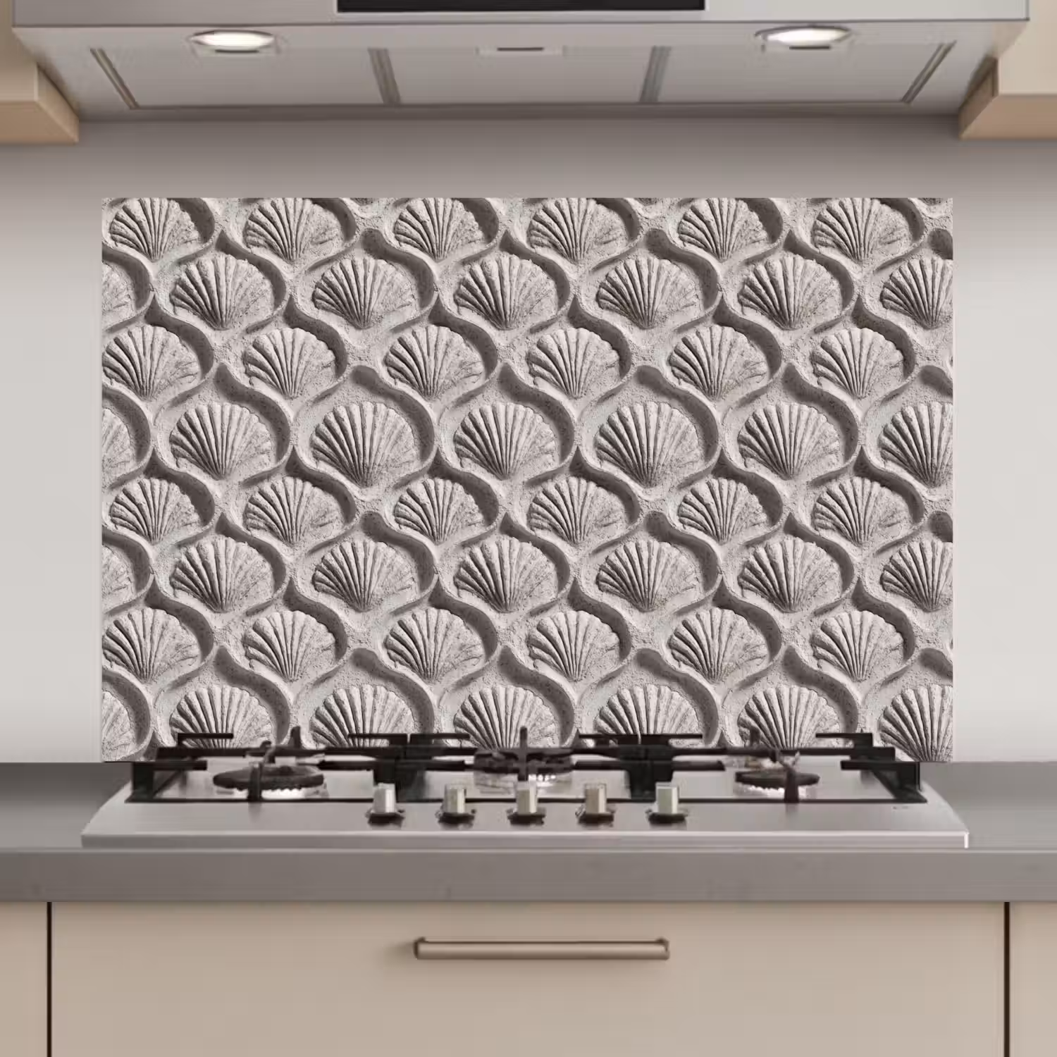 Zand - Schelpenvorm - Grijs keuken achterwand spatscherm klein 900 -3d_website