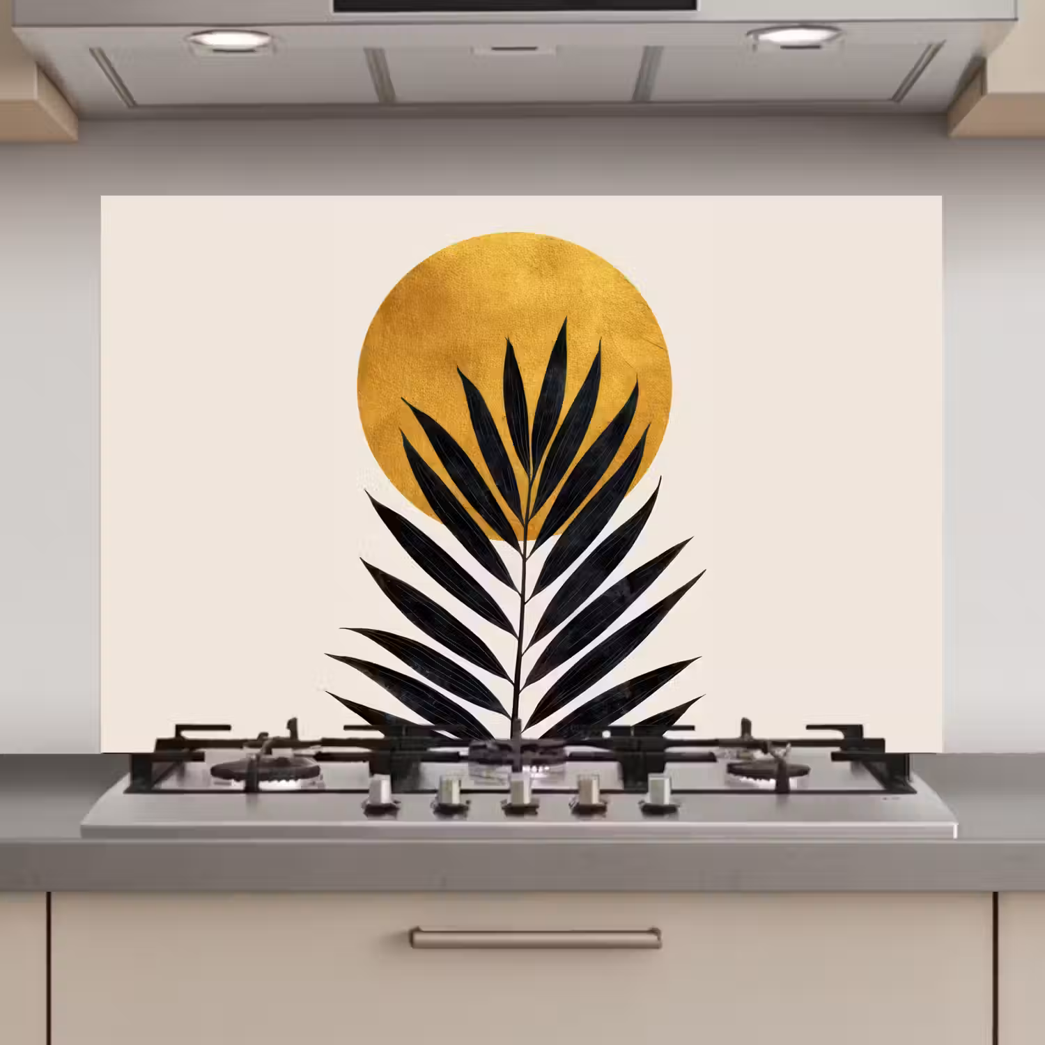 Zwart palmblad - Gouden cirkel - Beige achtergrond keuken achterwand spatscherm klein -3d_website