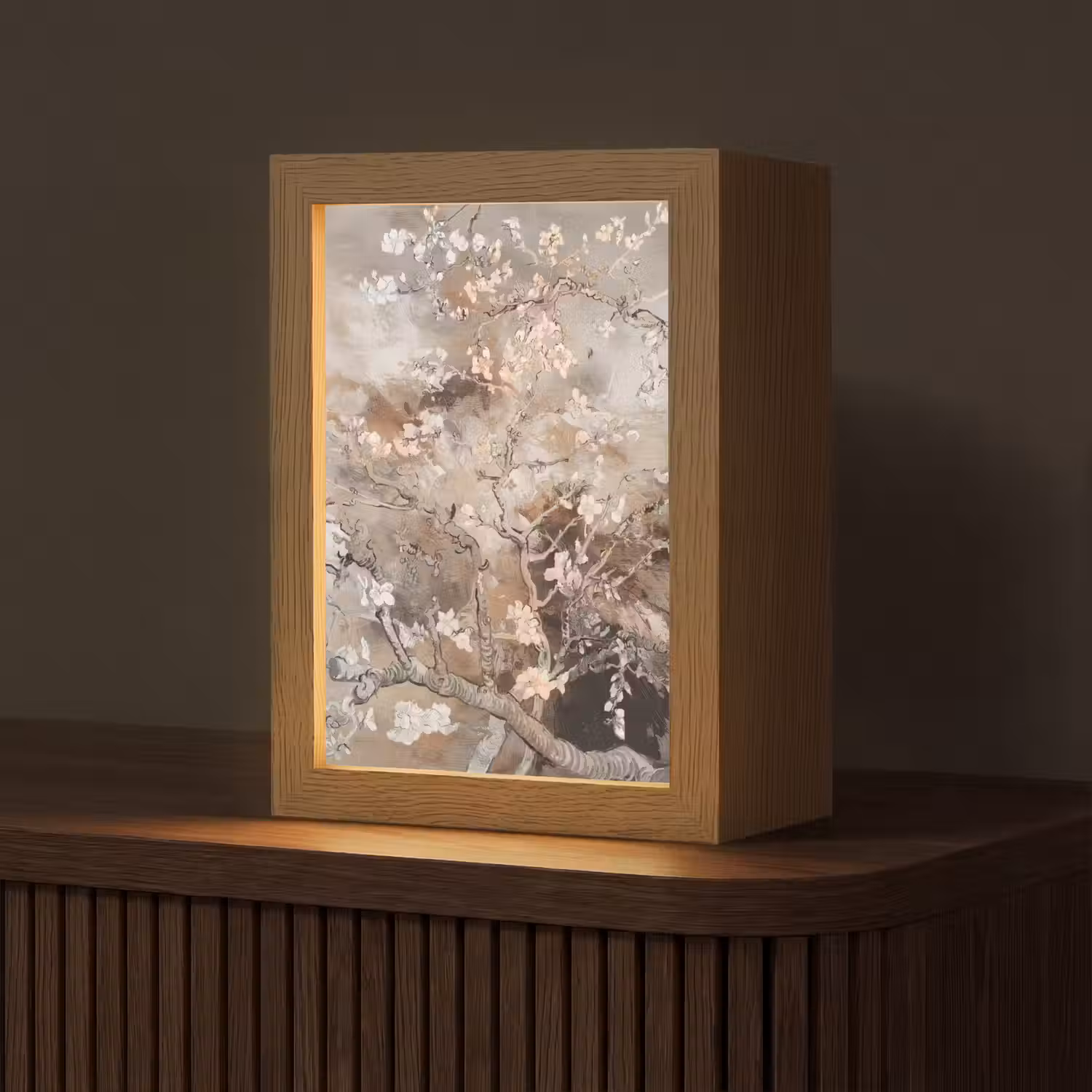 Amandelbloesem - Kunst - Van Gogh - Beige - Abstract Light Box met kabel (Tafellamp) klein -z3d_website